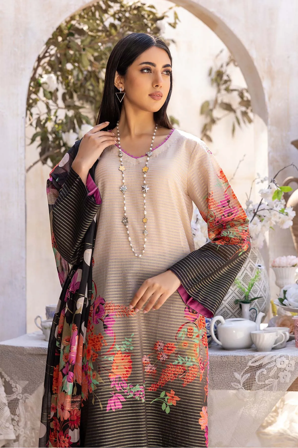 3-Pc Charizma Unstitched Printed Bnarsi Suit With Banarsi Lawn Dupatta CP23-36