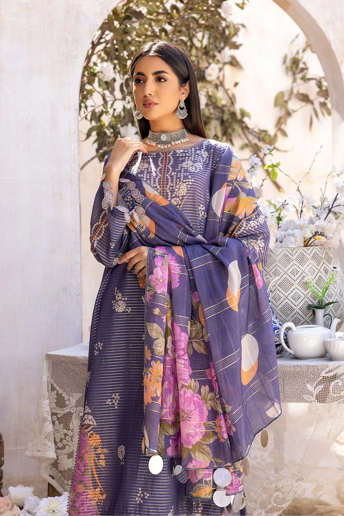 3-Pc Charizma Unstitched Printed Bnarsi Suit With Banarsi Lawn Dupatta CP23-37