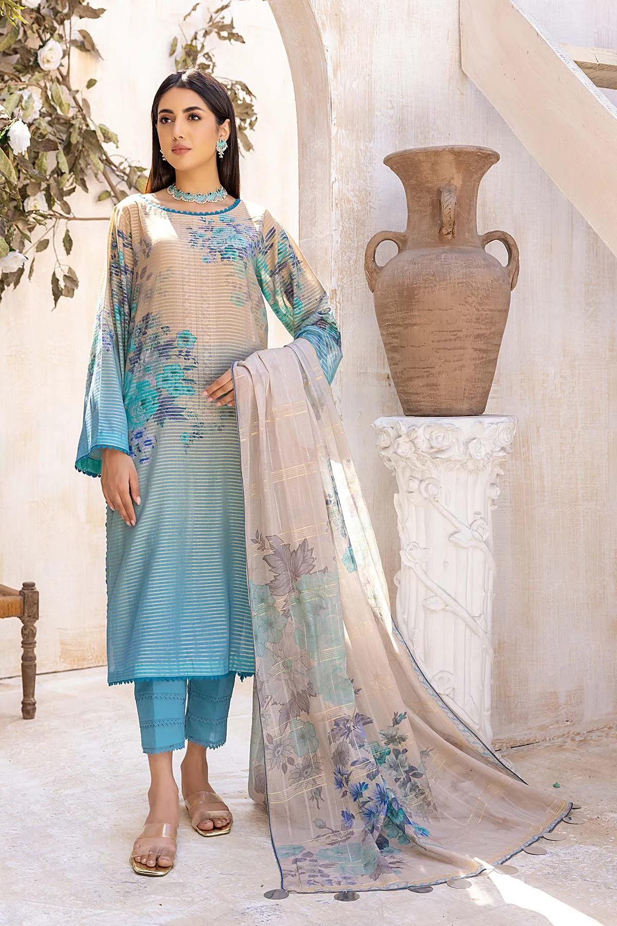 3-Pc Charizma Unstitched Printed Bnarsi Suit With Banarsi Lawn Dupatta CP23-41