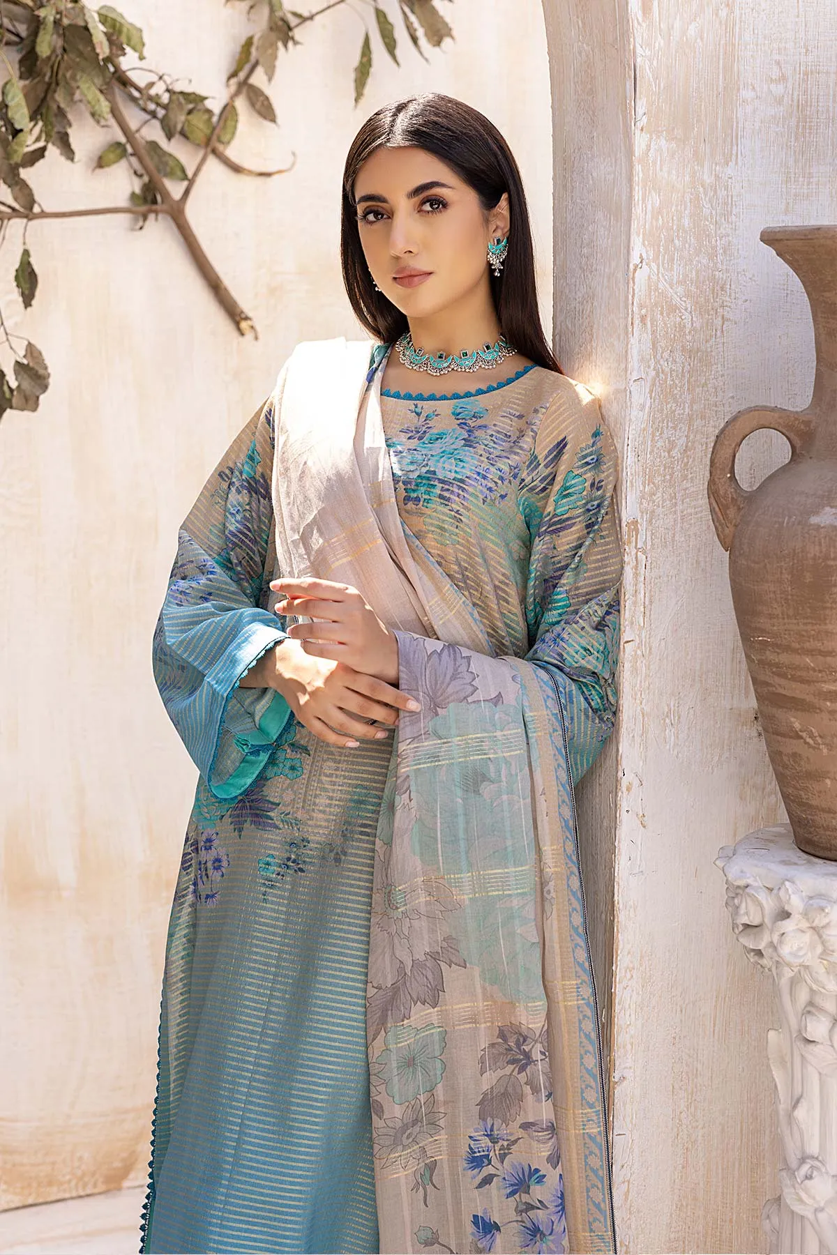 3-Pc Charizma Unstitched Printed Bnarsi Suit With Banarsi Lawn Dupatta CP23-41