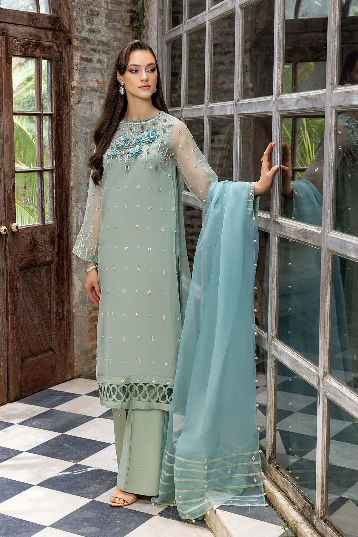 3-PC Embroidered Shirt With Raw Silk Qlot Trouser and Organza Dupatta CMA22-13-S