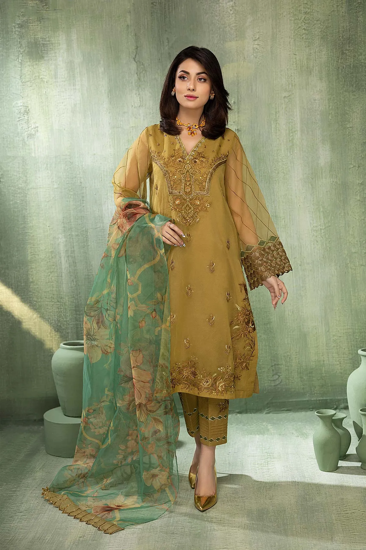 3-Pc Sequence Emb Shirt With Raw Silk Trouser and Organza Dupatta CMA22-14-S