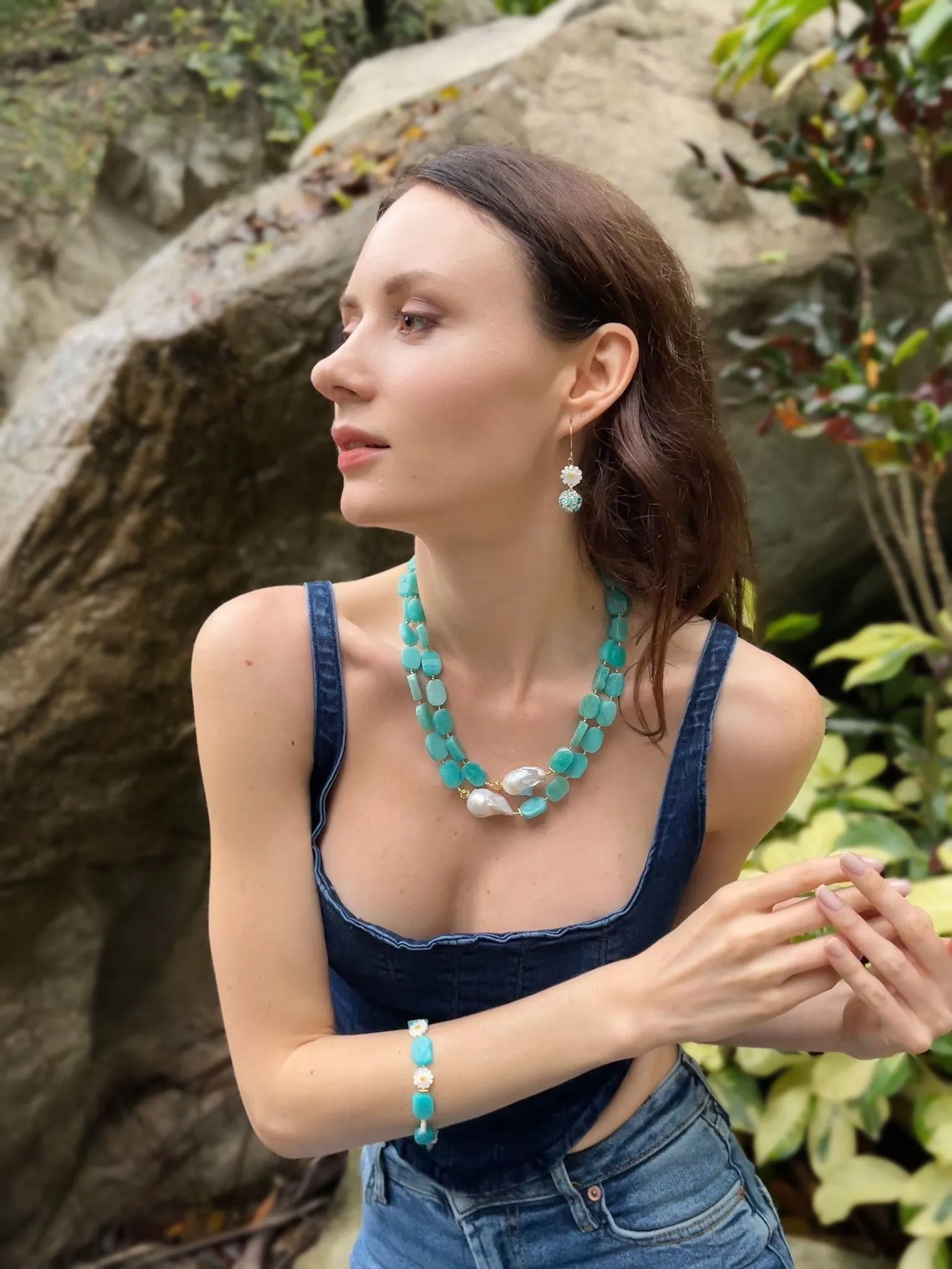 Amazonite With Baroque Pearls Double Layers Necklace GN024