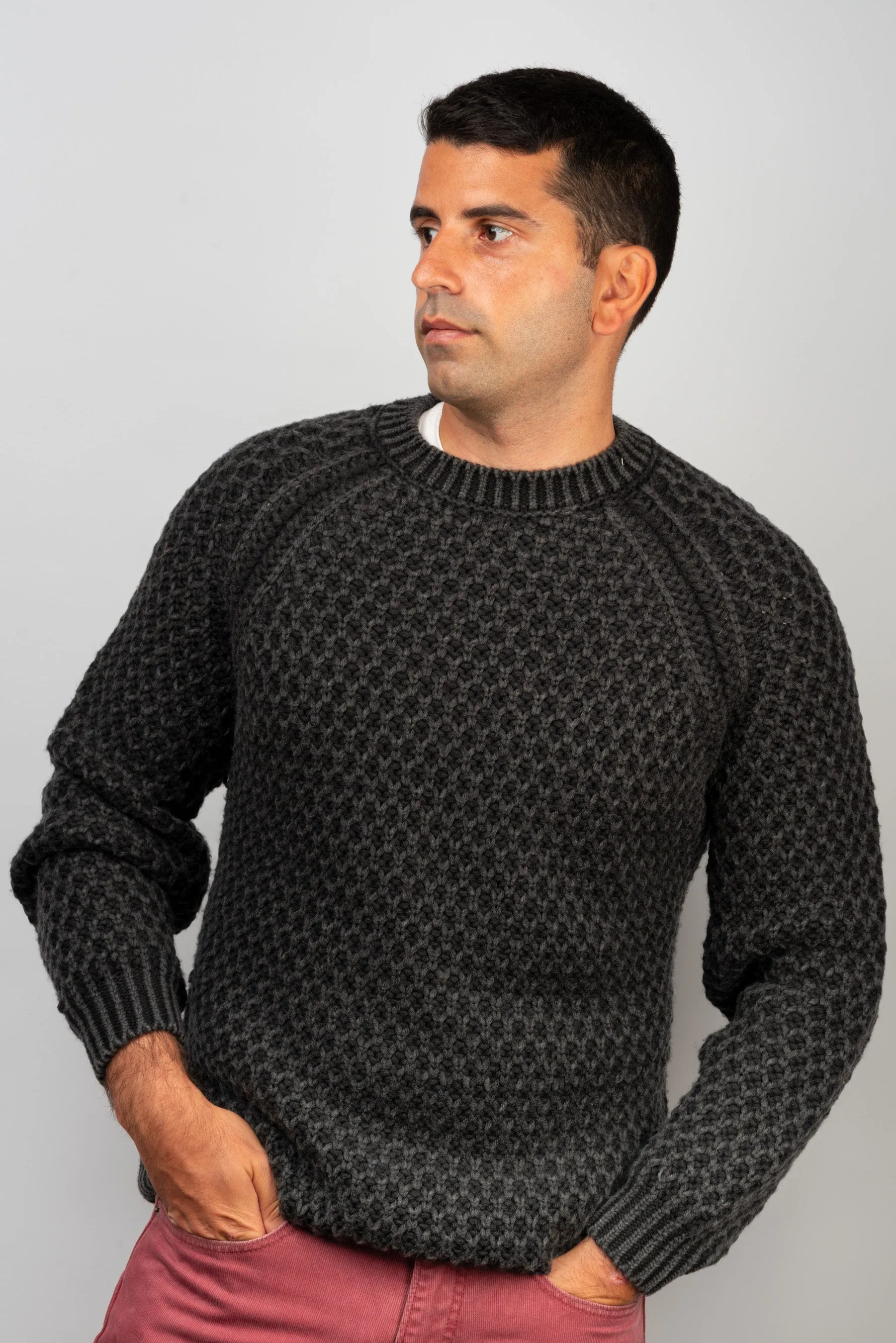 Aran Grey Wool Crewneck Sweater