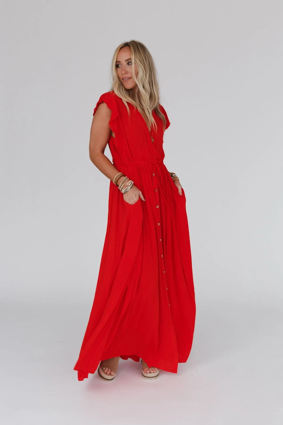 Aura Wing Sleeve Maxi Dress - Red