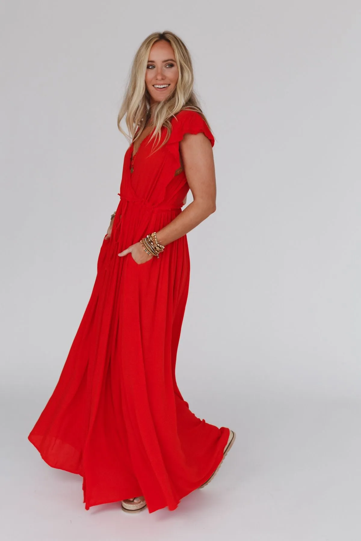 Aura Wing Sleeve Maxi Dress - Red