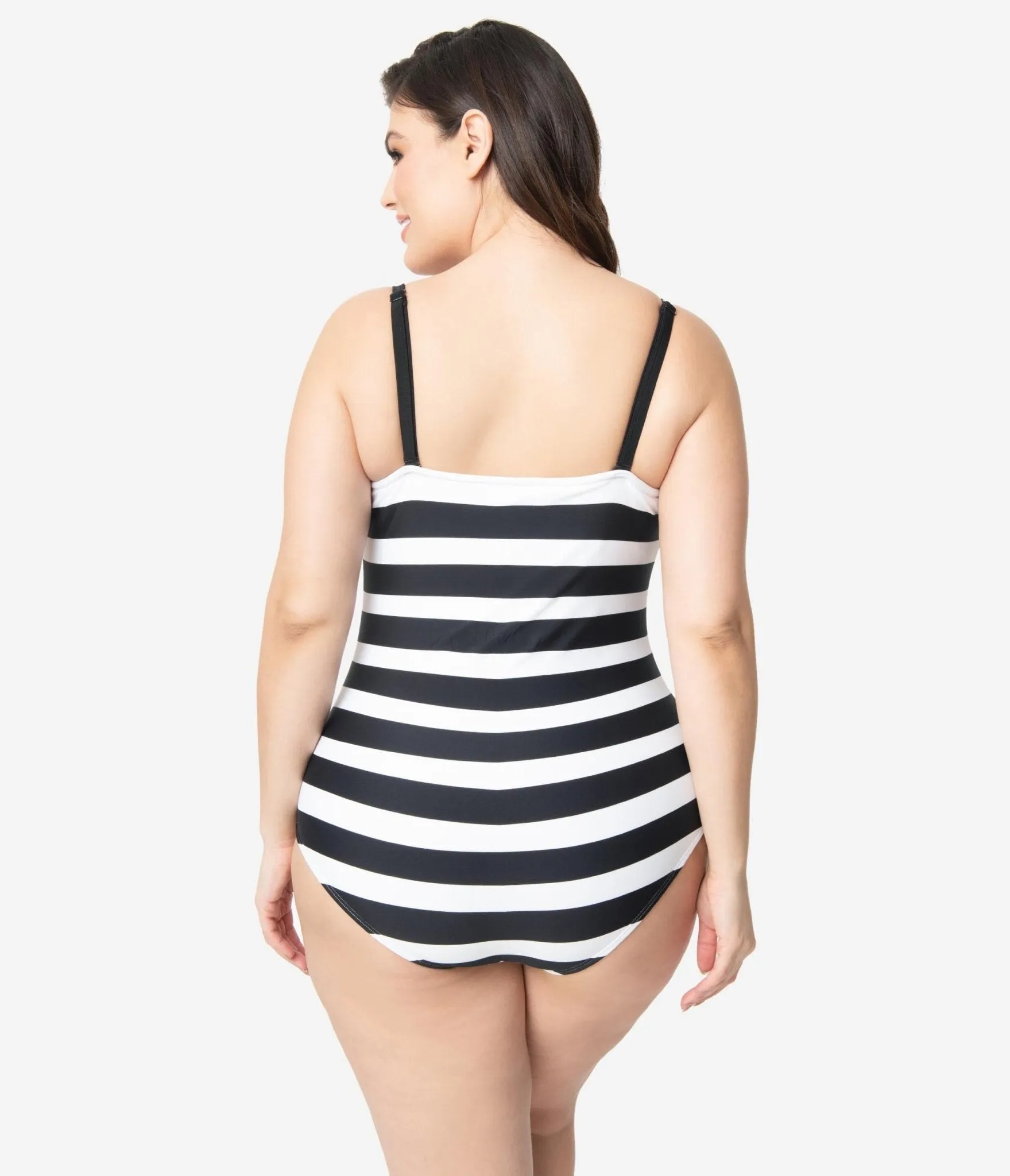 Barbie x Unique Vintage Plus Size Black & White Chevron Stripe One Piece Bathing Suit