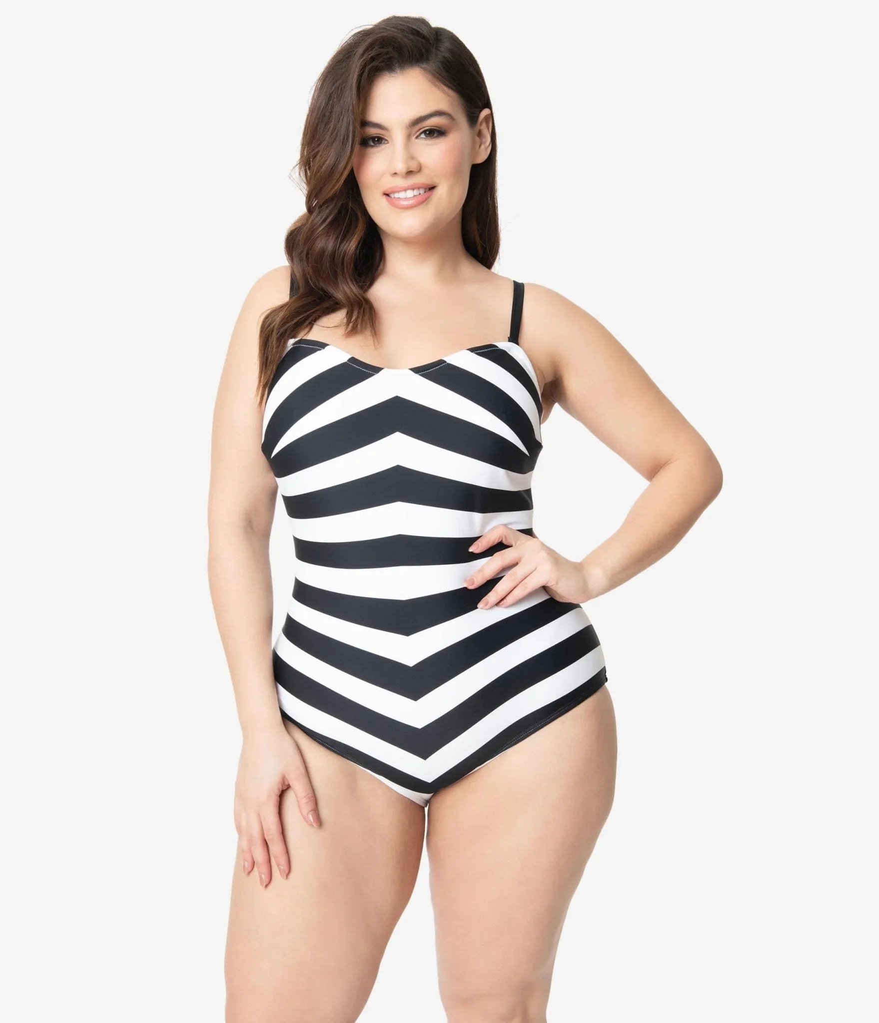 Barbie x Unique Vintage Plus Size Black & White Chevron Stripe One Piece Bathing Suit