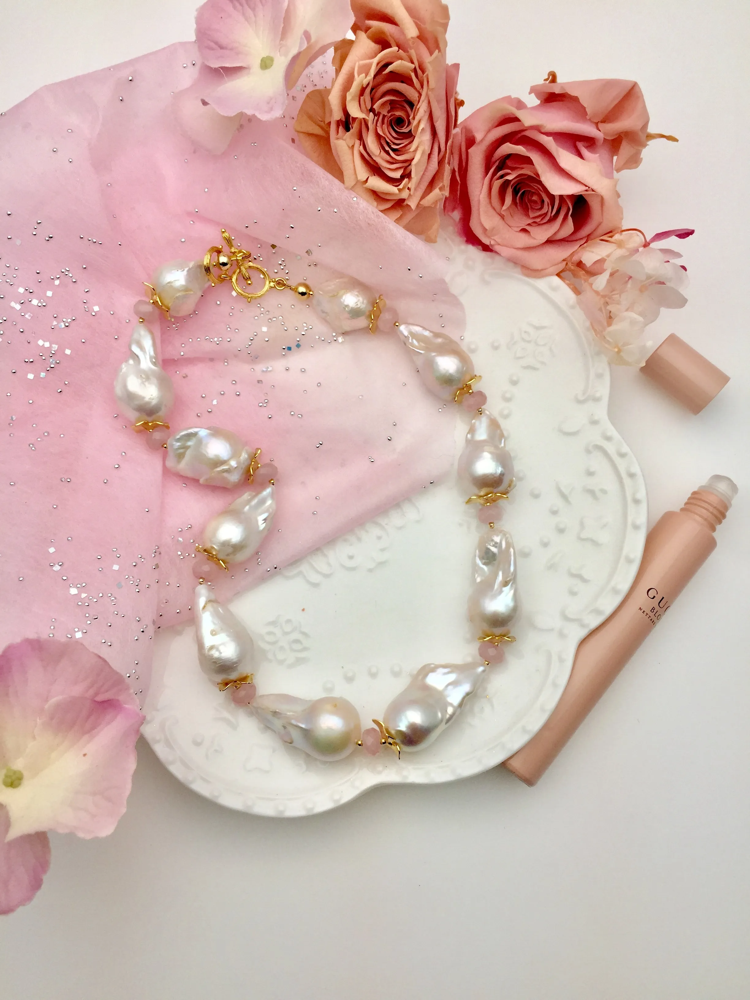 Baroque Pearls With Pink Rose Quartz Necklace DN218