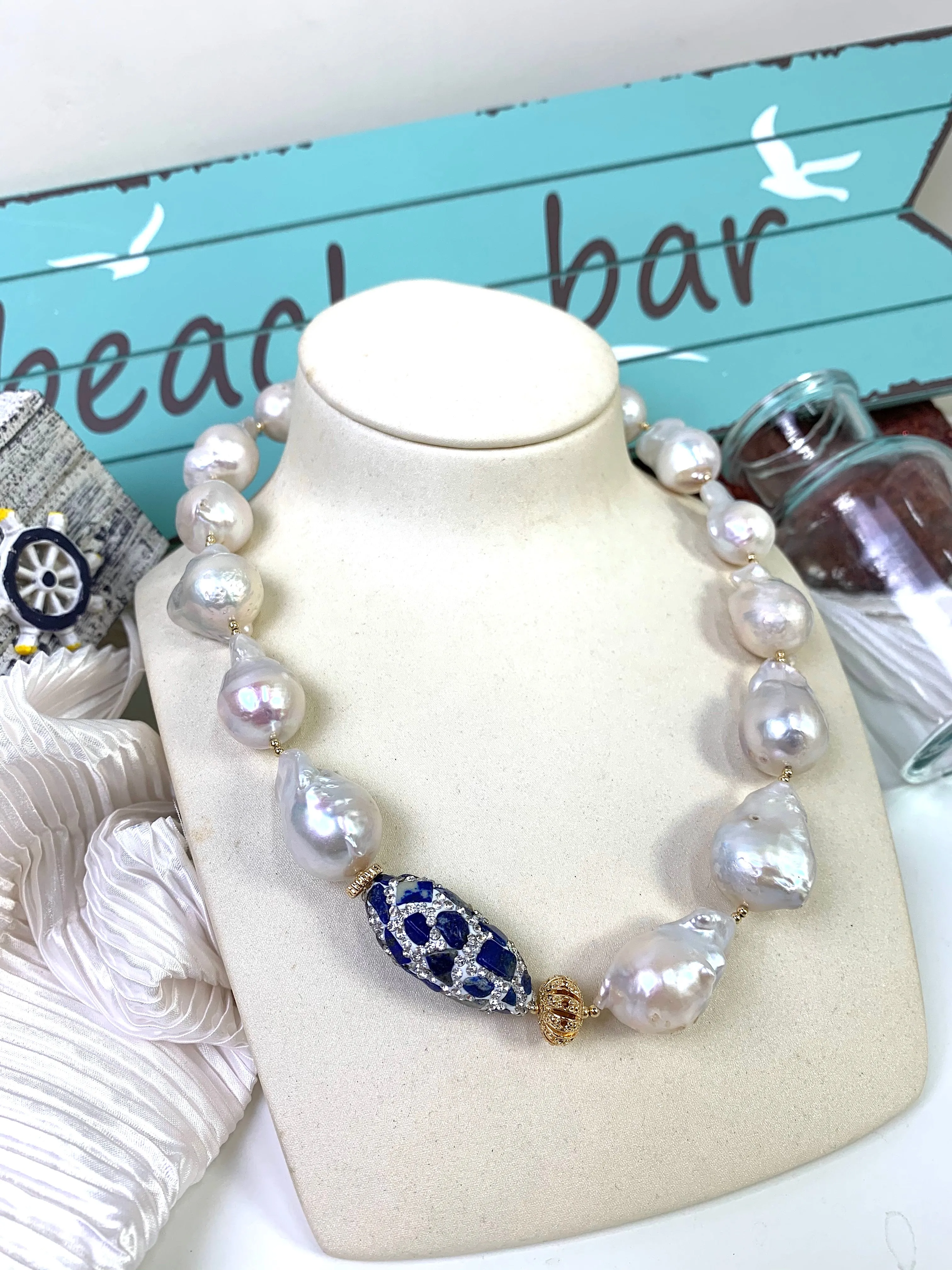 Baroque Pearls With Rhinestones Bordered Lapis Necklace EN019