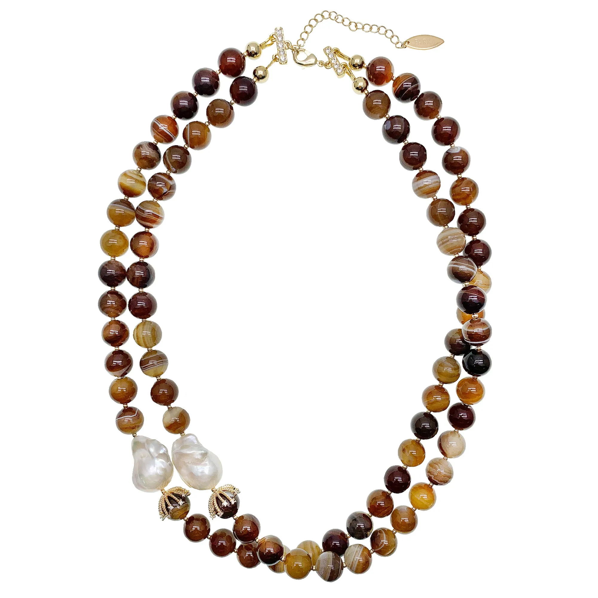 Brown Agate With Baroque Pearls Double Layers Necklace HN017