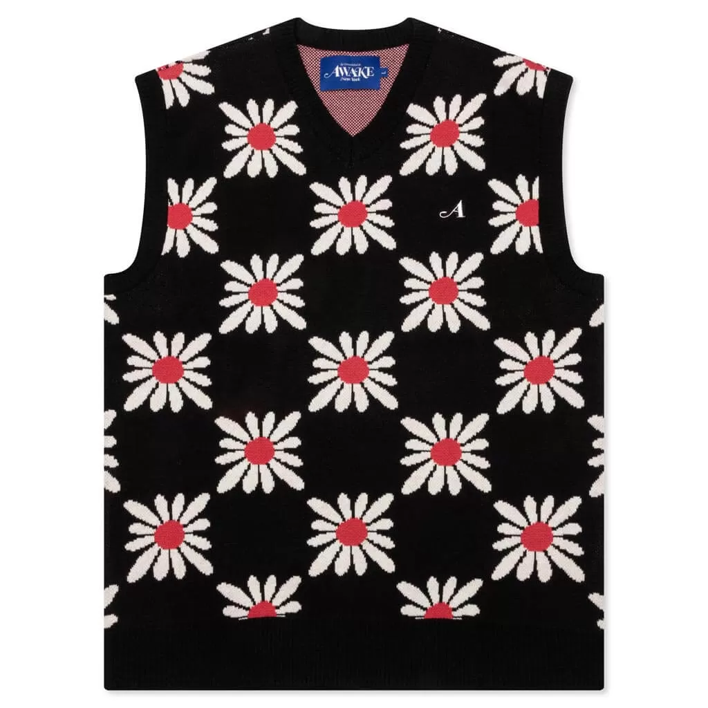 Checkered Floral Sweater Vest - Black Floral