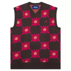 Checkered Floral Sweater Vest - Brown Floral