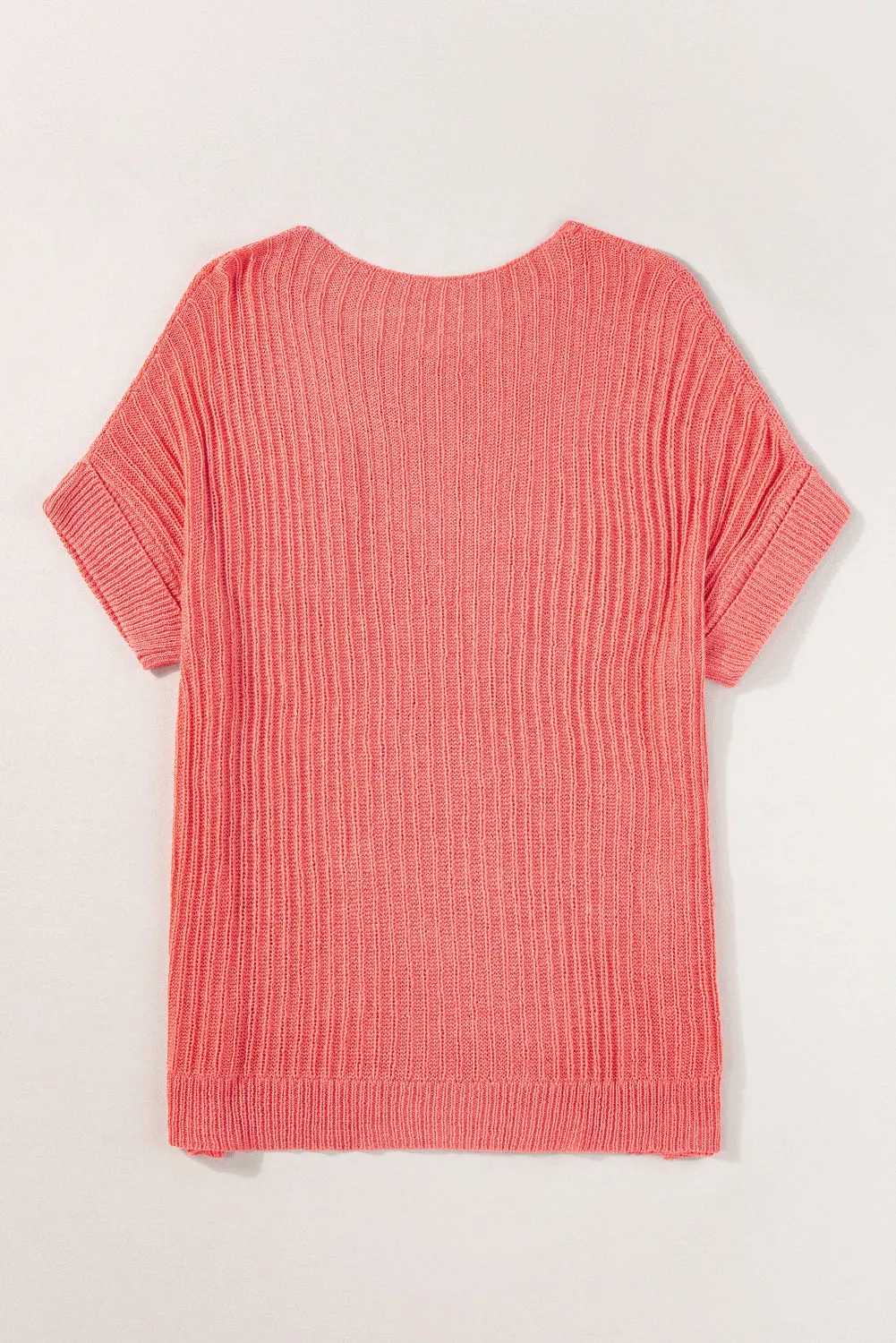 Fresh Salmon Rolled Cuffs Loose Knit Tee with Slits