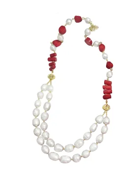 Freshwater Pearls With Corals Double Strands Necklace CN010