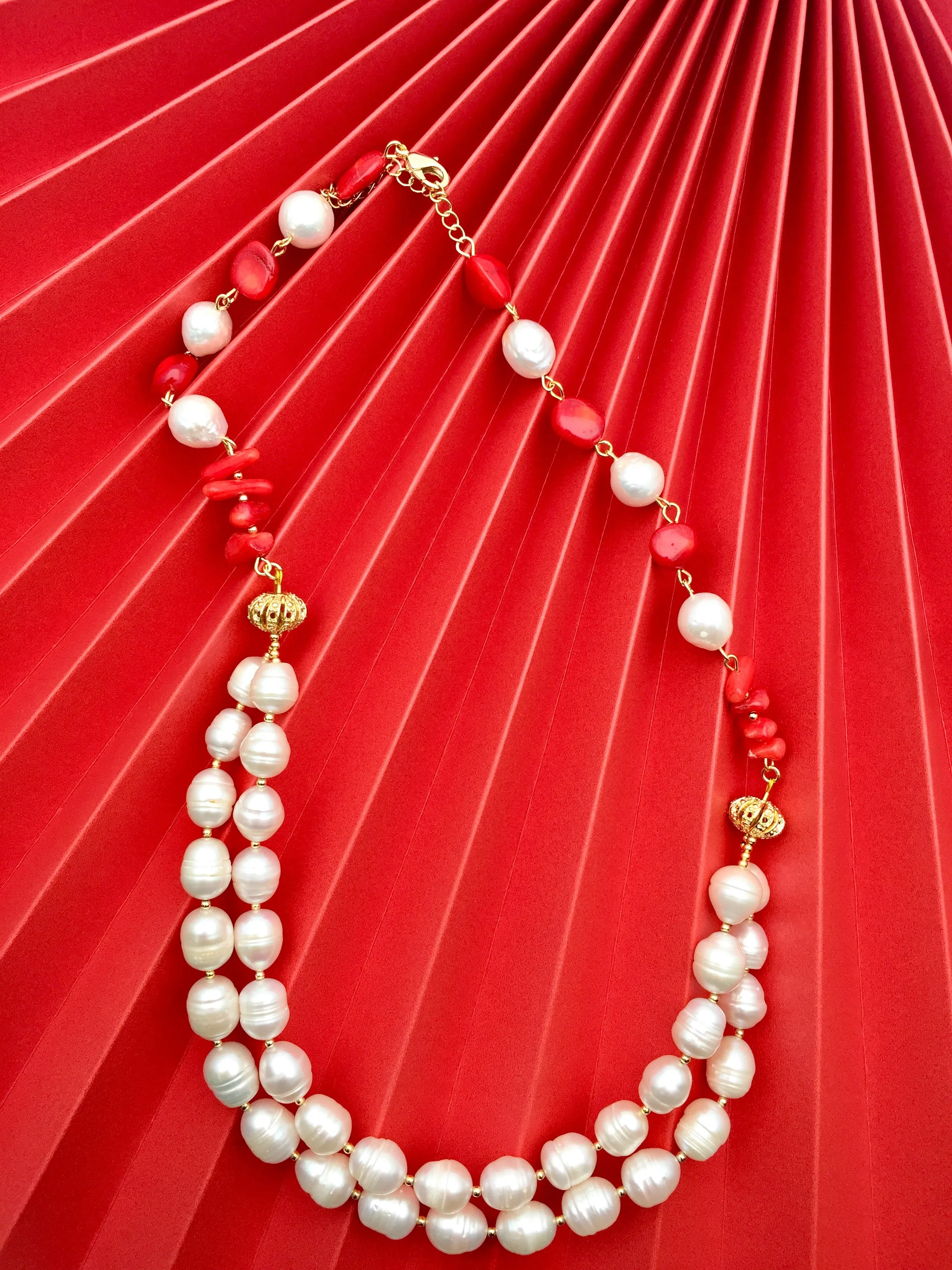 Freshwater Pearls With Corals Double Strands Necklace CN010