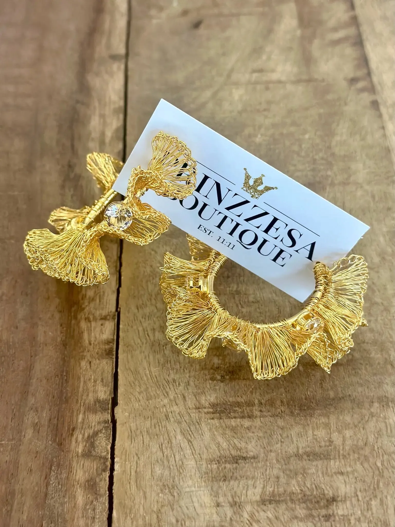 Gold Large Ruffled Hoops With Crystals Handmade Crochet Earrings