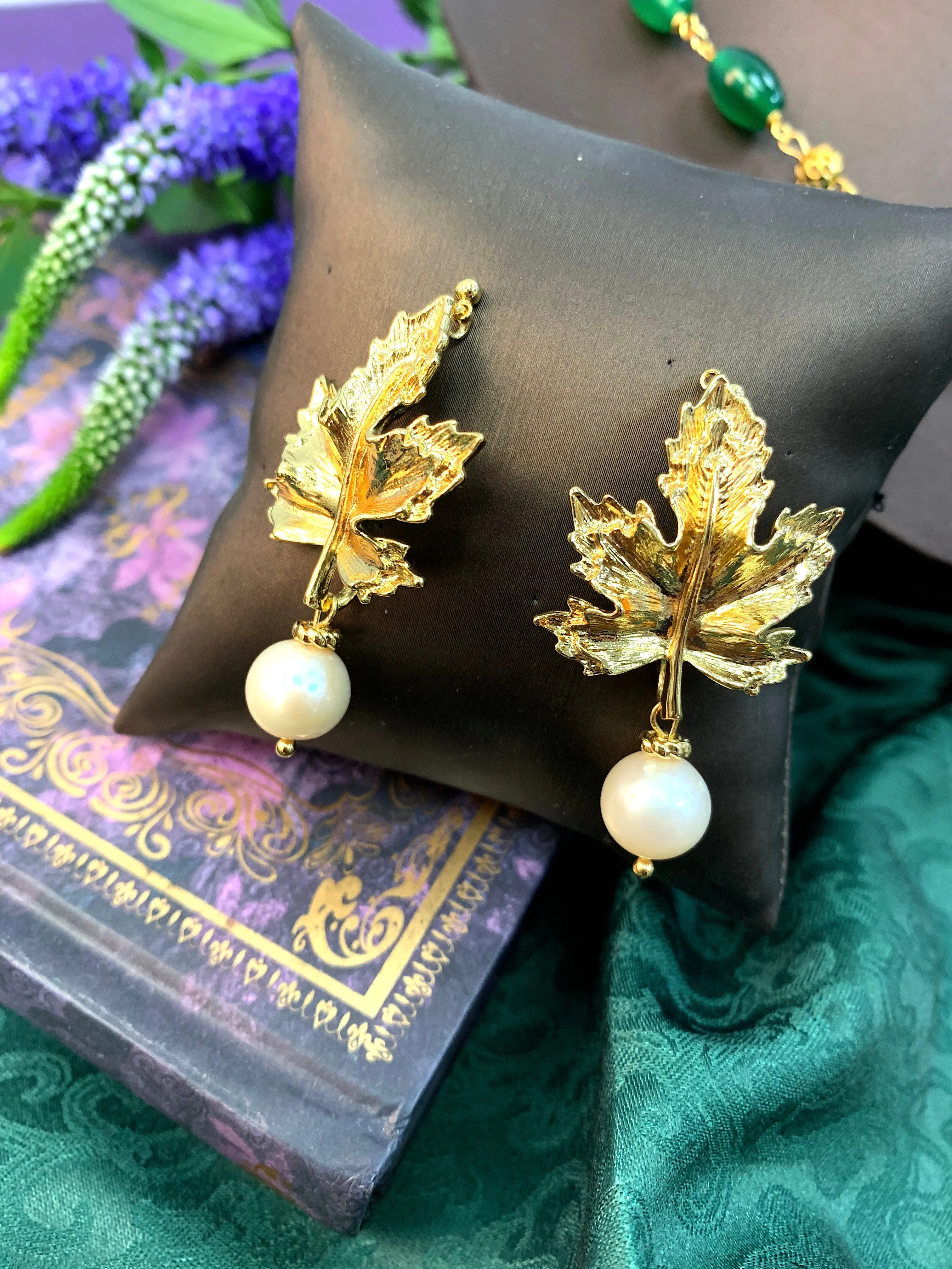 Gold Maple Leaves With Pearl Dangle Stud Earrings HE007