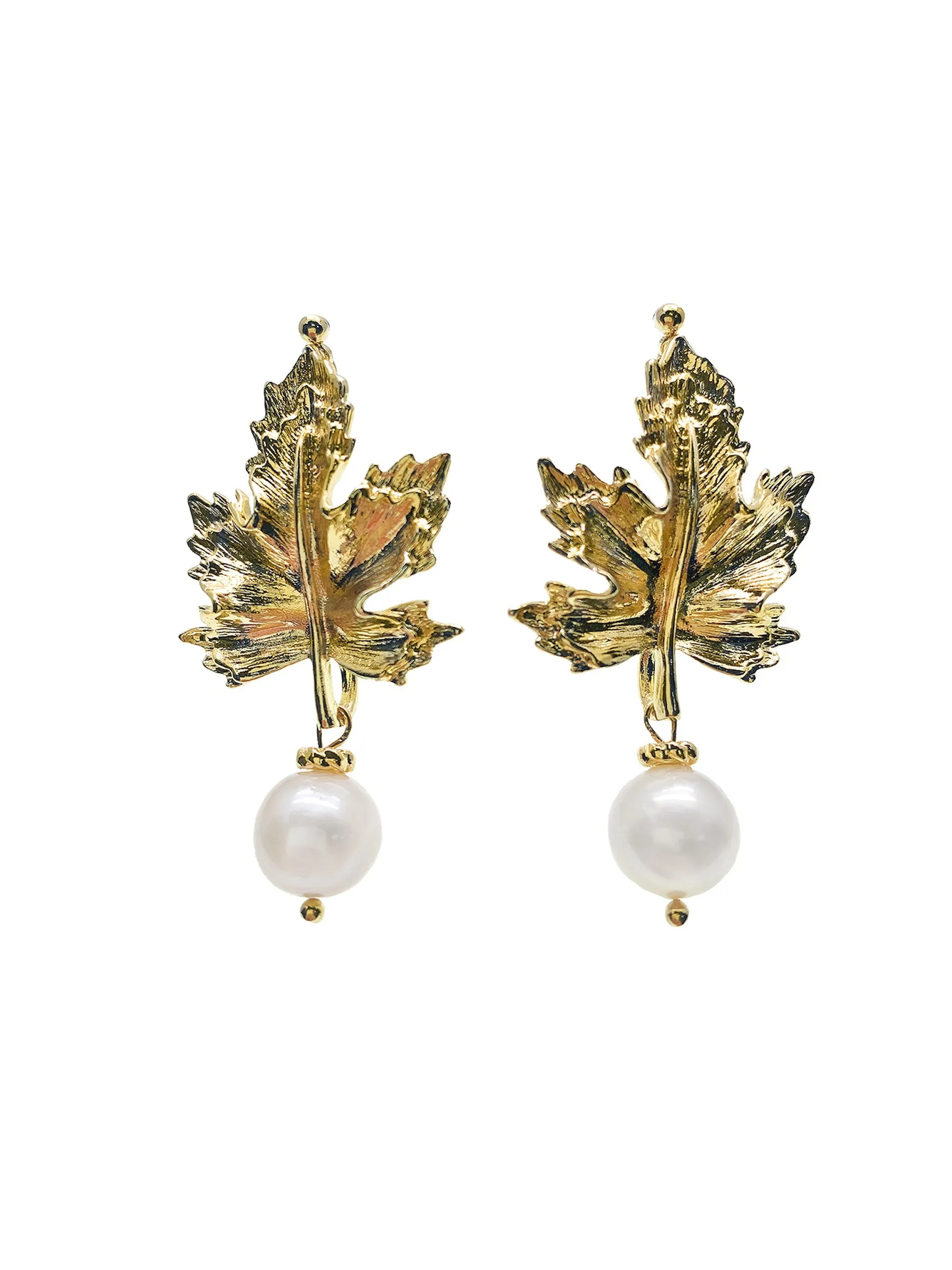 Gold Maple Leaves With Pearl Dangle Stud Earrings HE007