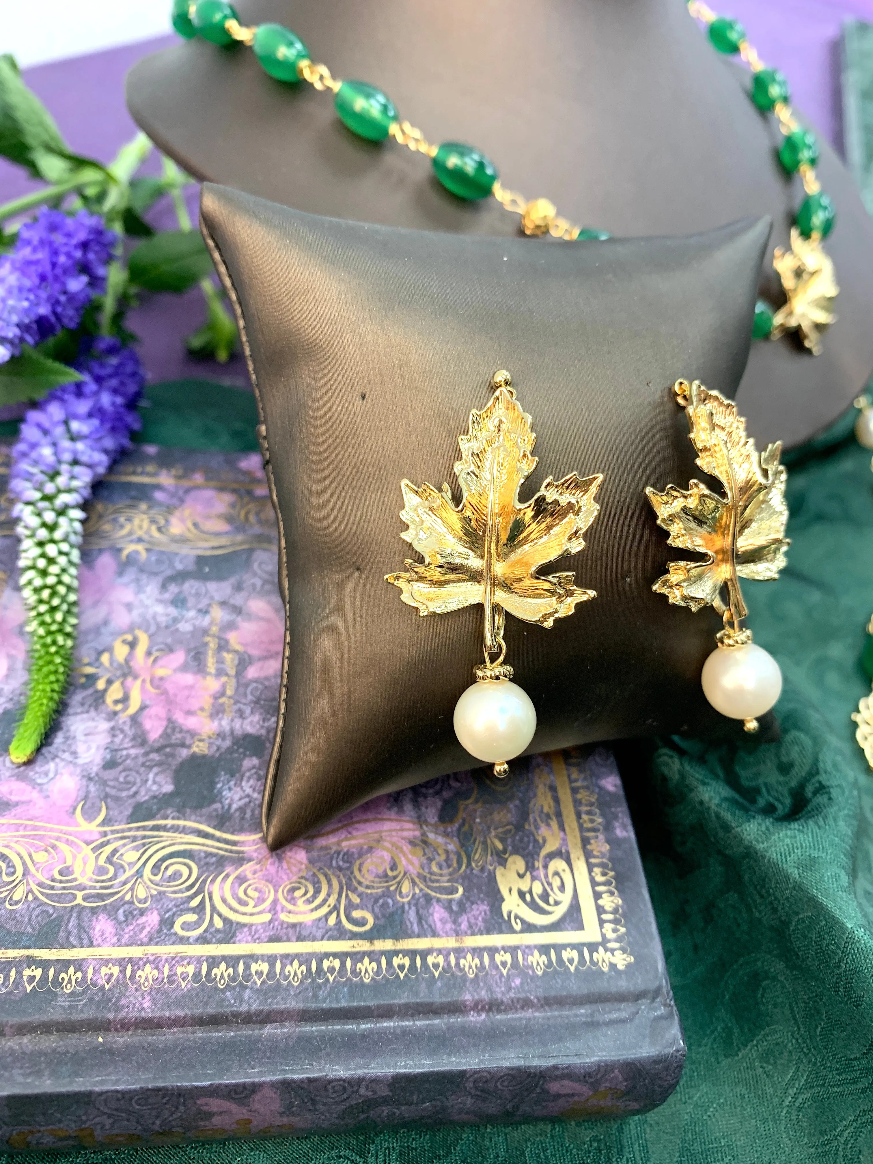 Gold Maple Leaves With Pearl Dangle Stud Earrings HE007