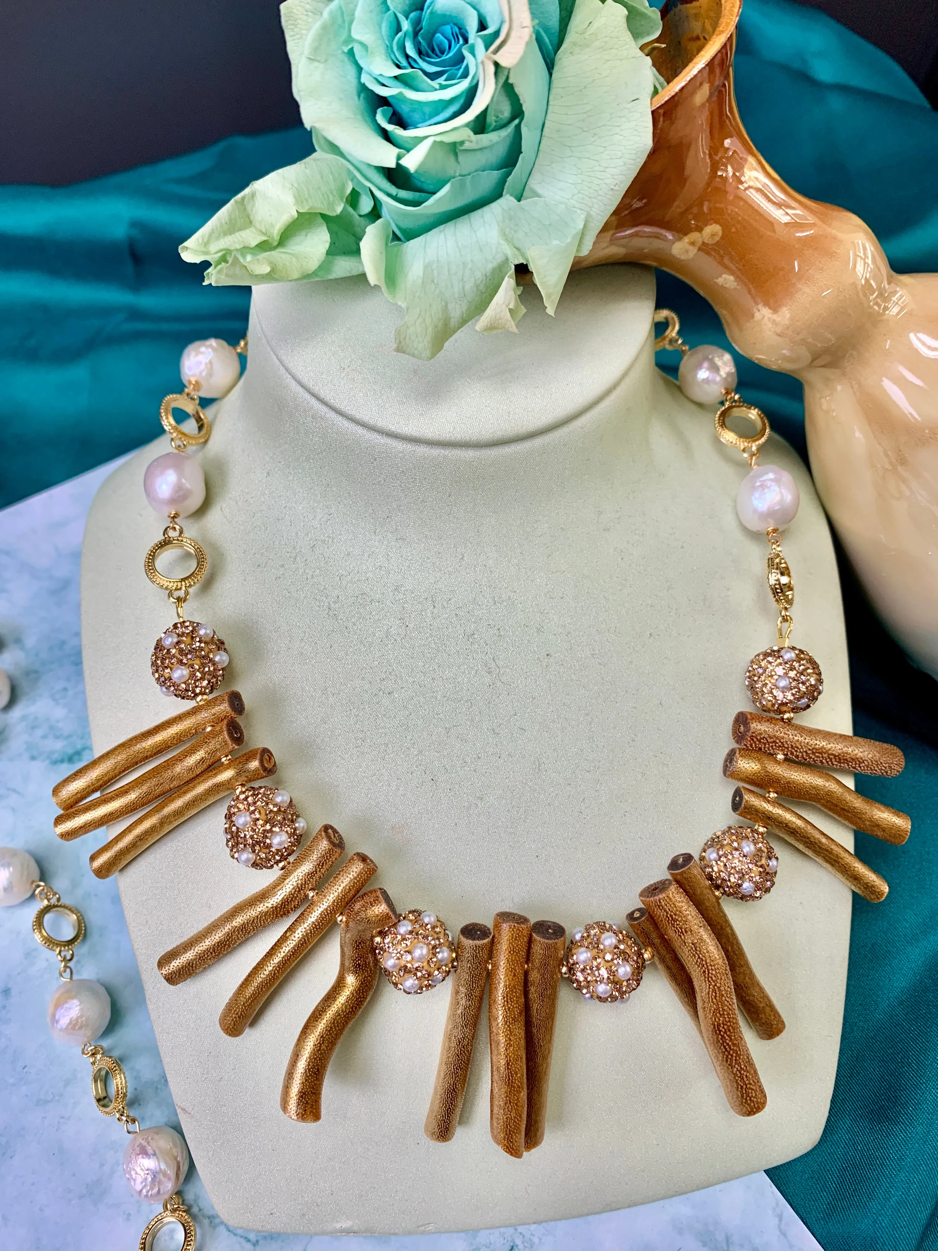 Golden Corals With Pearls Rhinestone Statement Necklace FN001