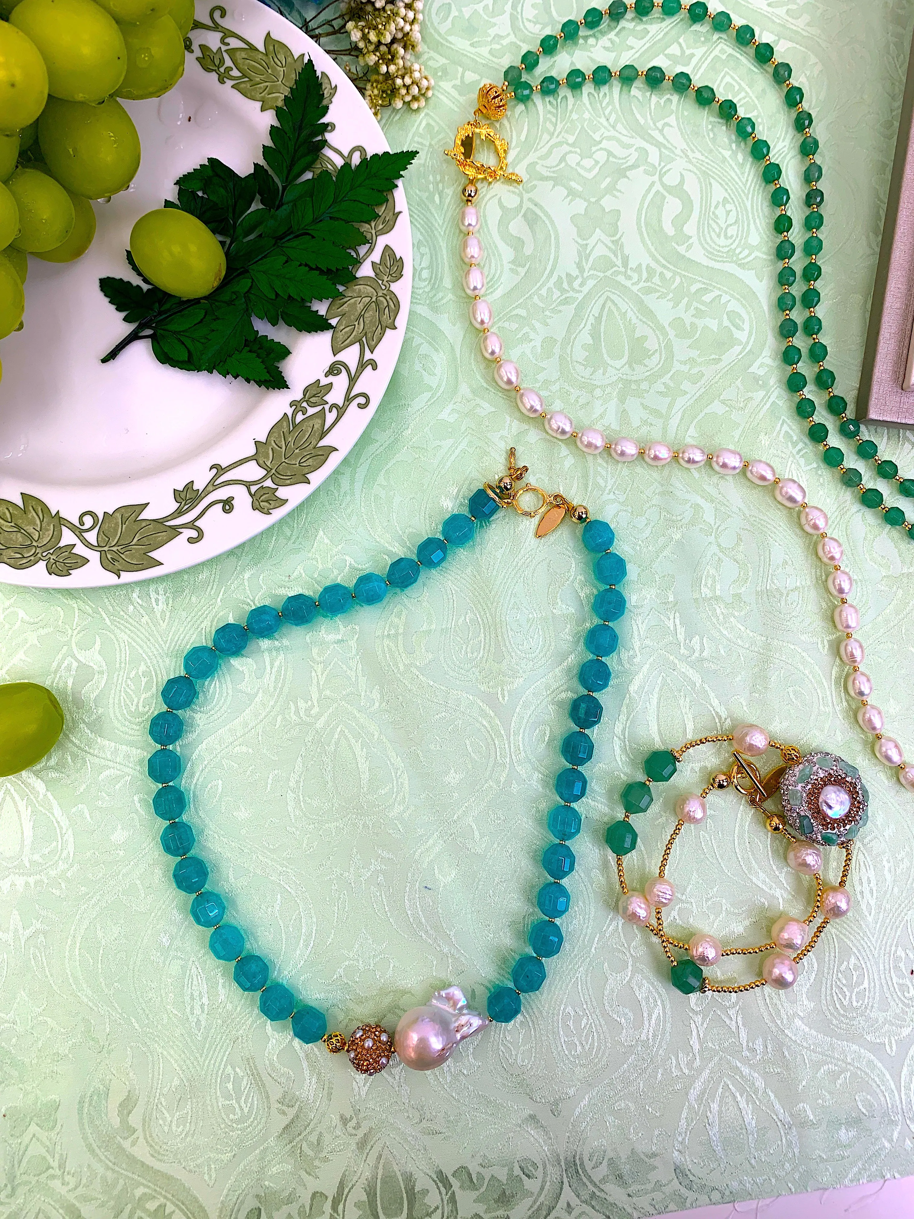 Green Jade With Baroque Pearls Necklace HN013