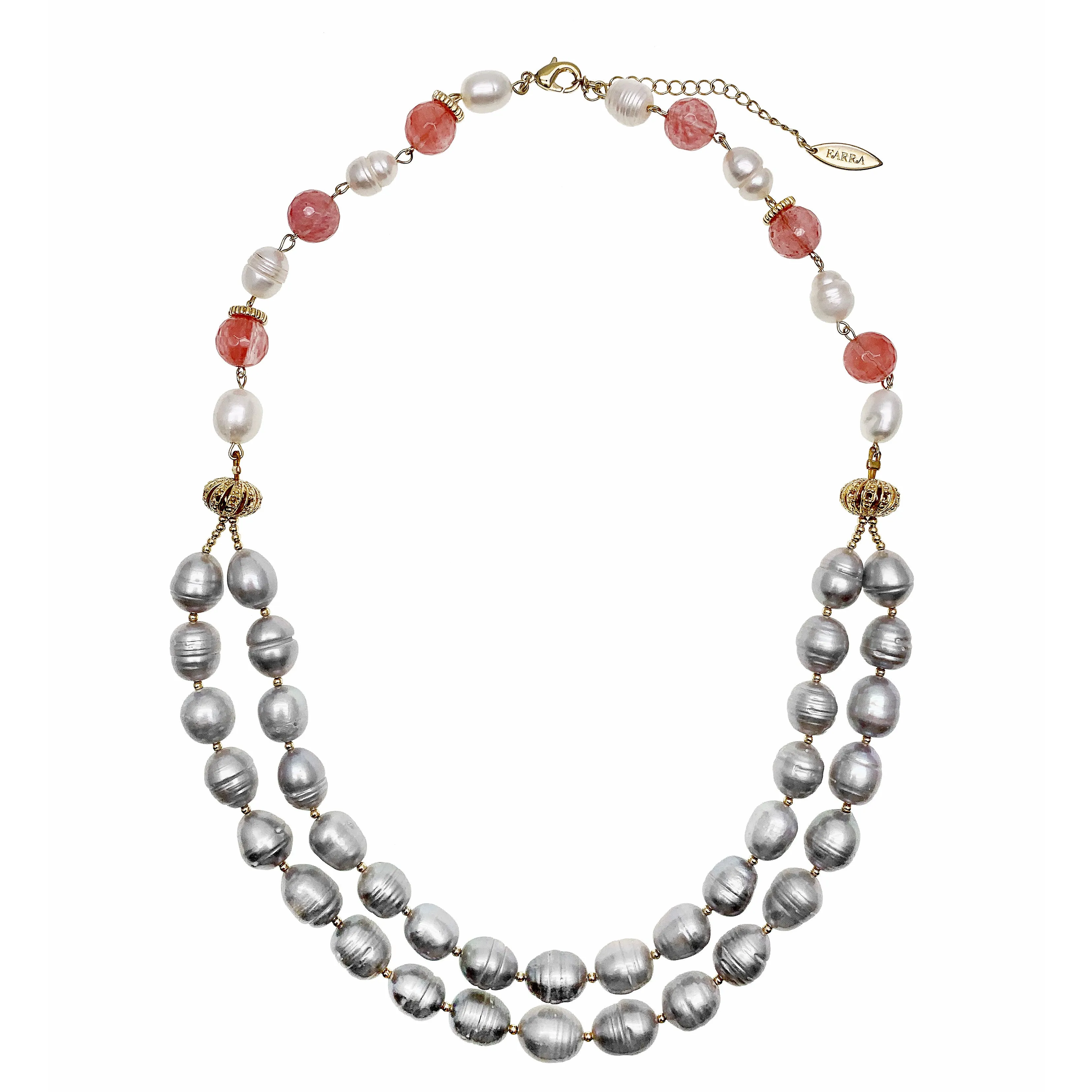 Grey Freshwater Pearls With Watermelon Quartz Double Strands Necklace GN002