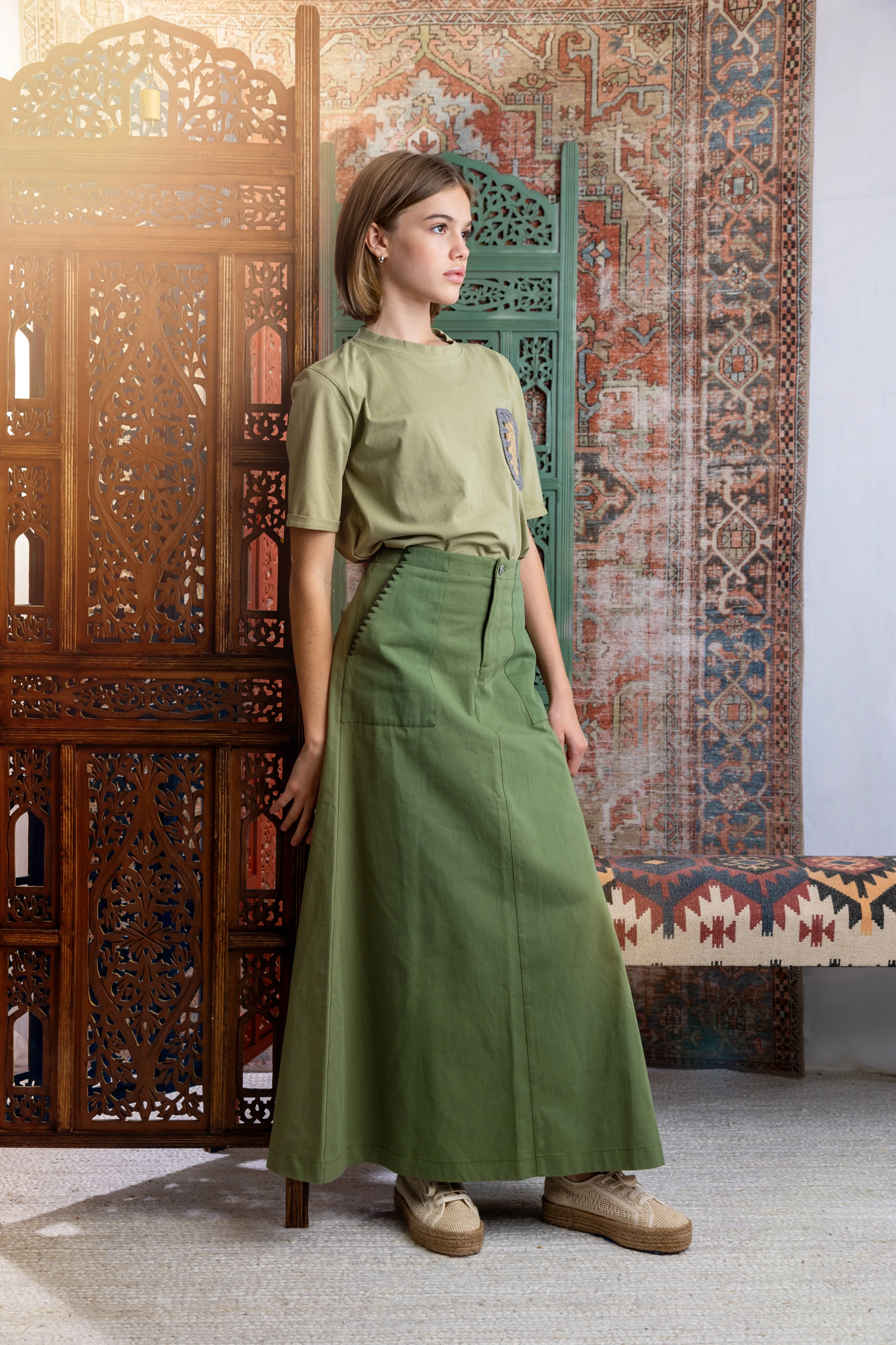 HSK140-BINDING STITCH SKIRT-Olive