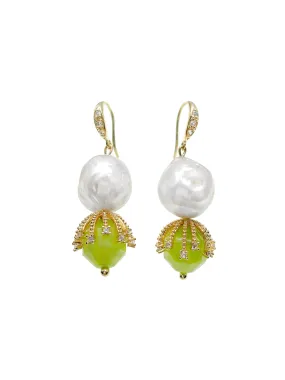 Irregular Freshwater Pearls With Grass Green Jade  Dangle Earrings HE009