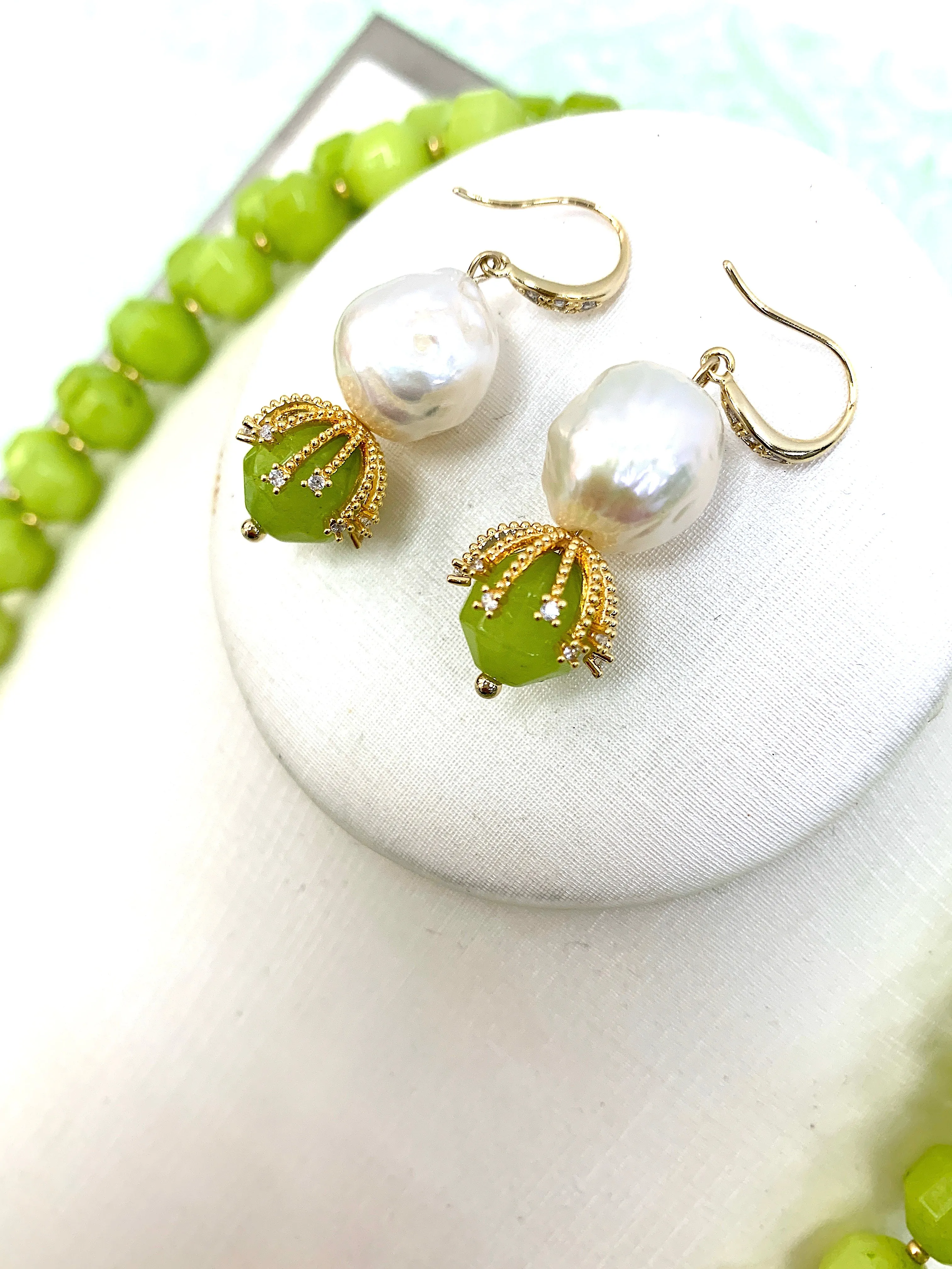 Irregular Freshwater Pearls With Grass Green Jade  Dangle Earrings HE009