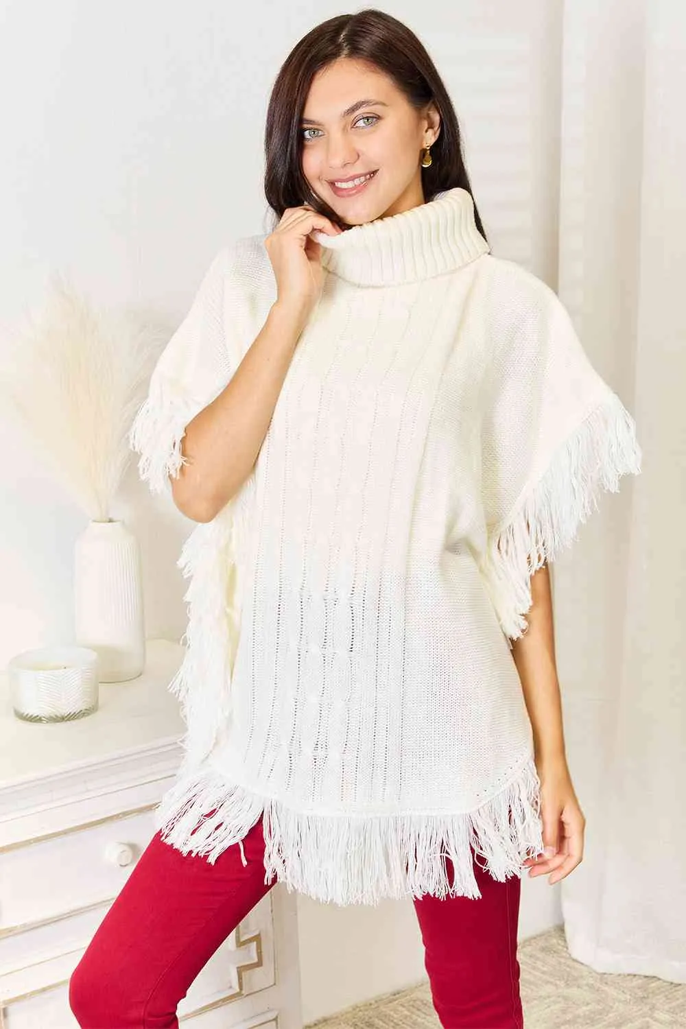 Ivory Turtle Neck Fringe Poncho