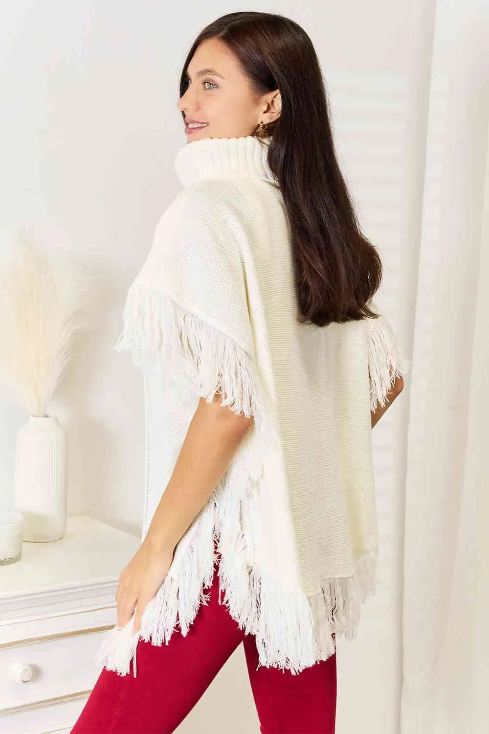 Ivory Turtle Neck Fringe Poncho