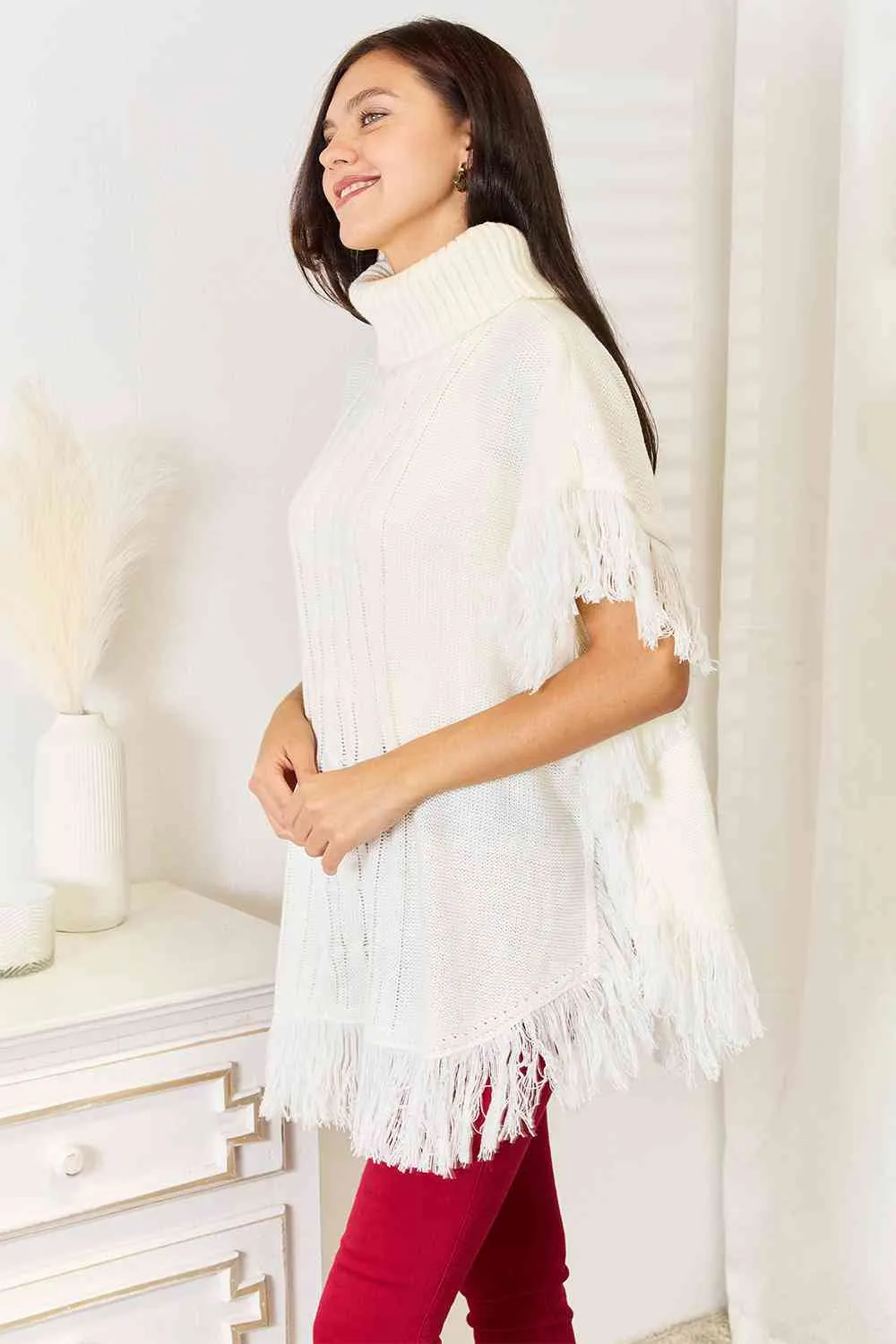 Ivory Turtle Neck Fringe Poncho