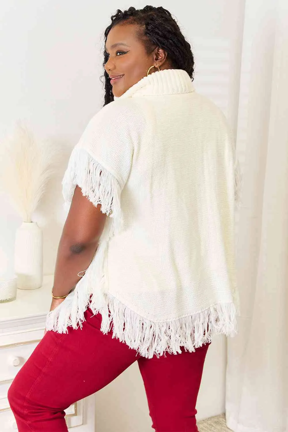 Ivory Turtle Neck Fringe Poncho