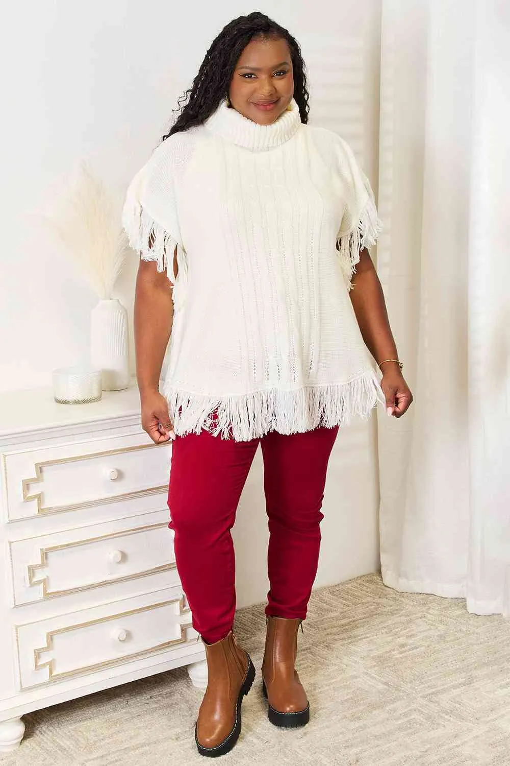 Ivory Turtle Neck Fringe Poncho