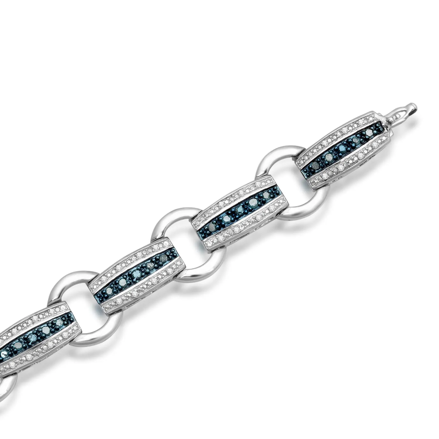 Jewelili Palladium Flash Over Brass 1.00 CTTW Treated Blue Diamonds and Natural White Diamonds Link Bracelet