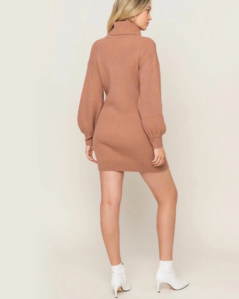 Lush Clothing - Turtleneck Sweater Knit Dress in Dusty Mauve