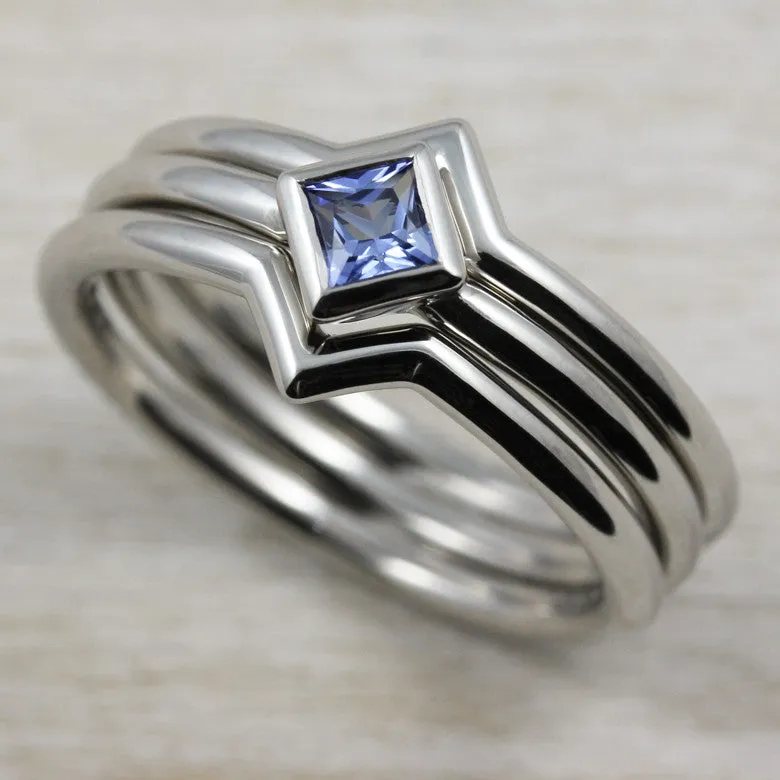 Oblique Square Solitaire Engagement Ring with Chatham Sapphire