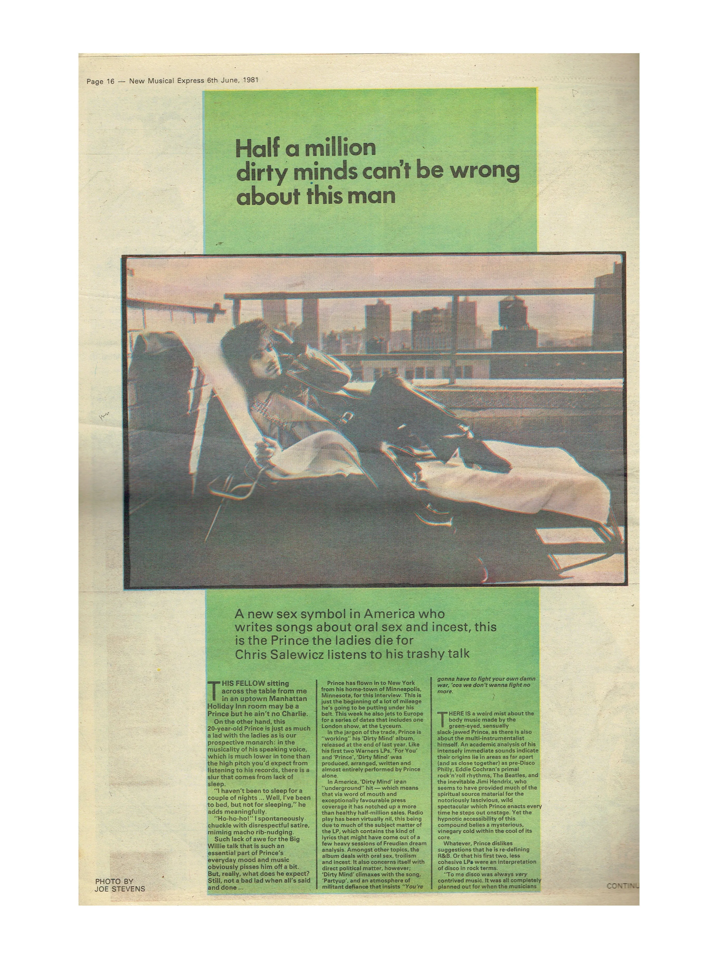 Prince – Full Page Cover Newspaper NME 6th June 1981