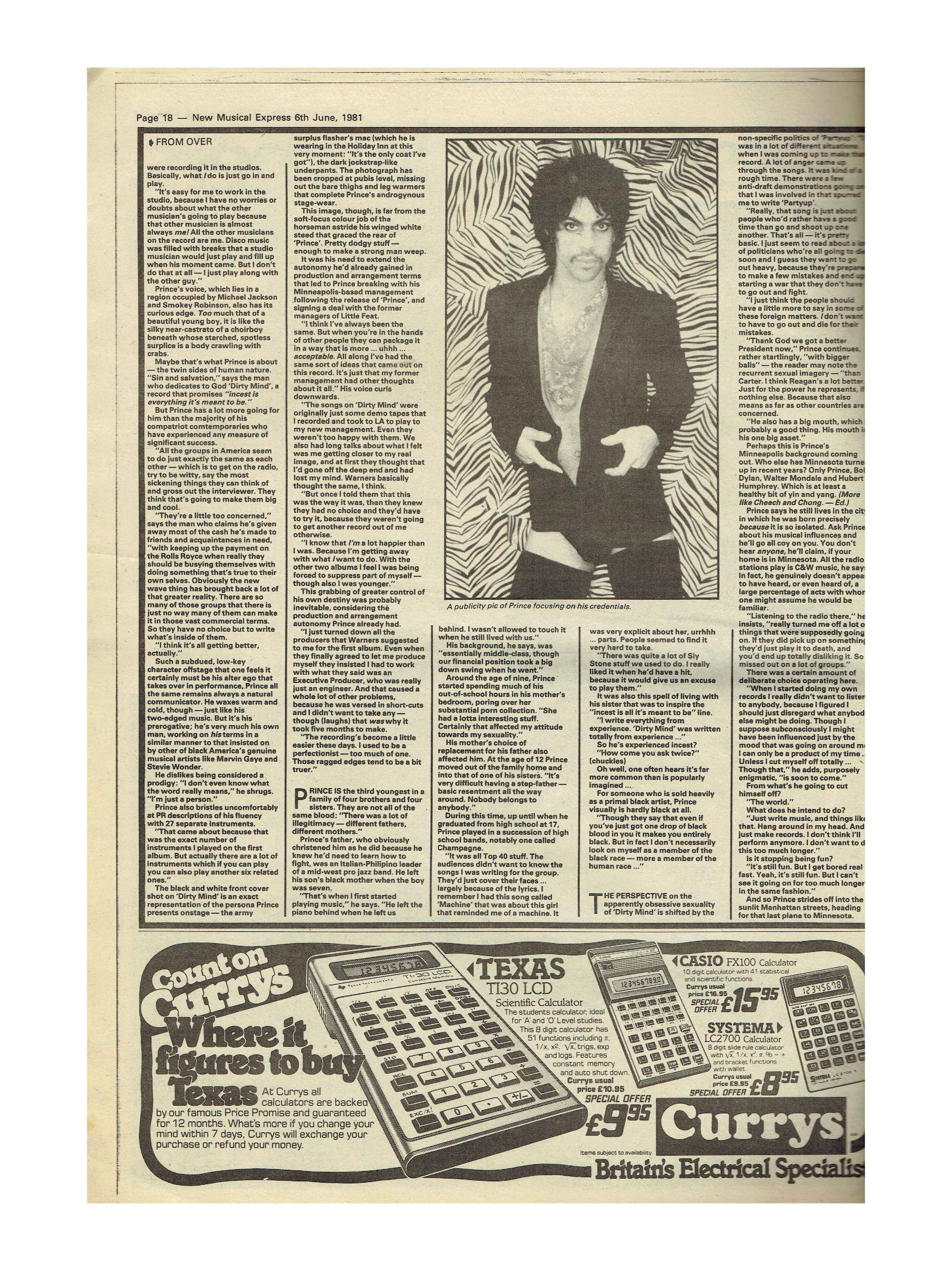 Prince – Full Page Cover Newspaper NME 6th June 1981