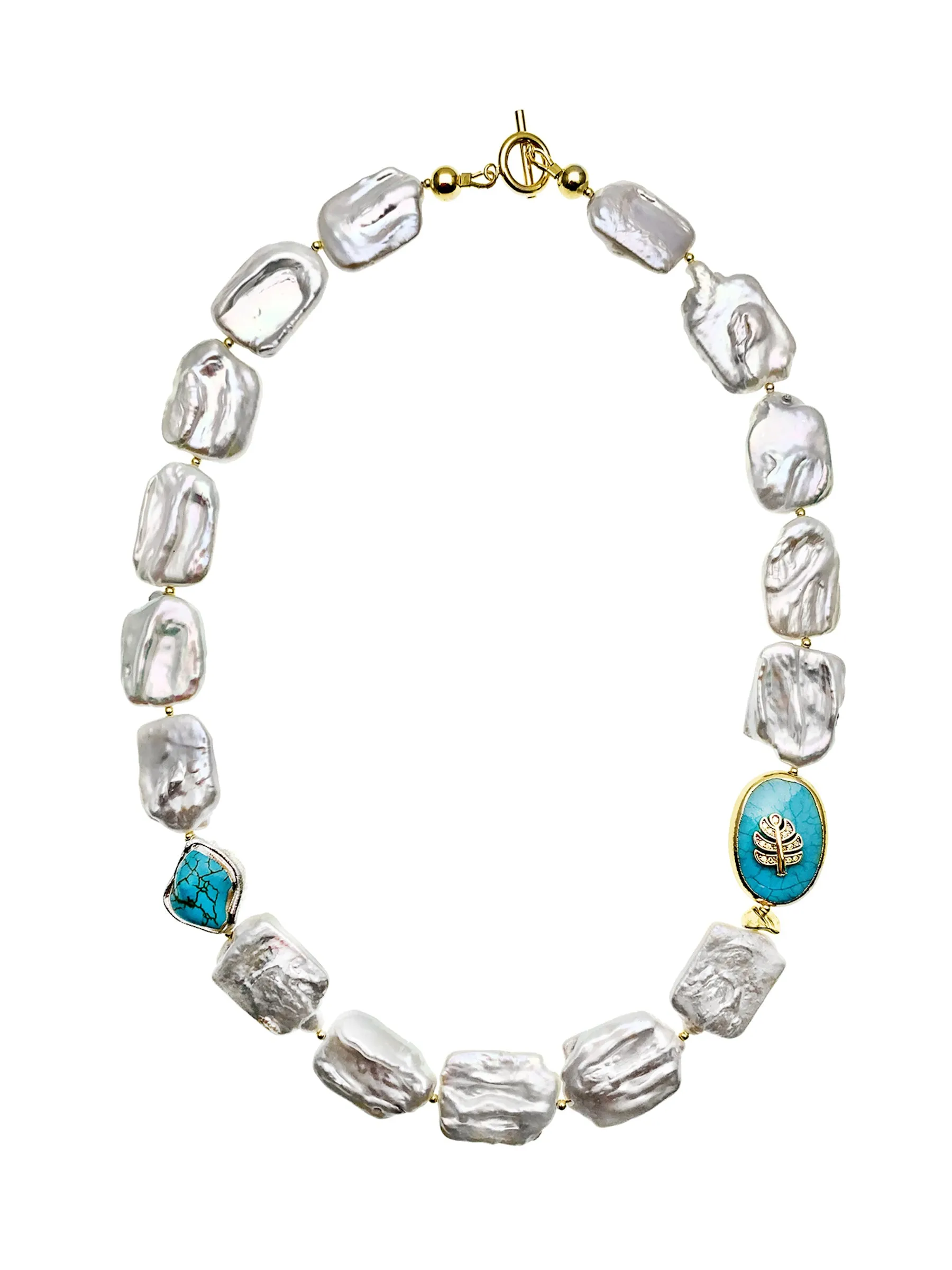 Rectangle Freshwater Pearls With Turquoise Stones Short Necklace EN011