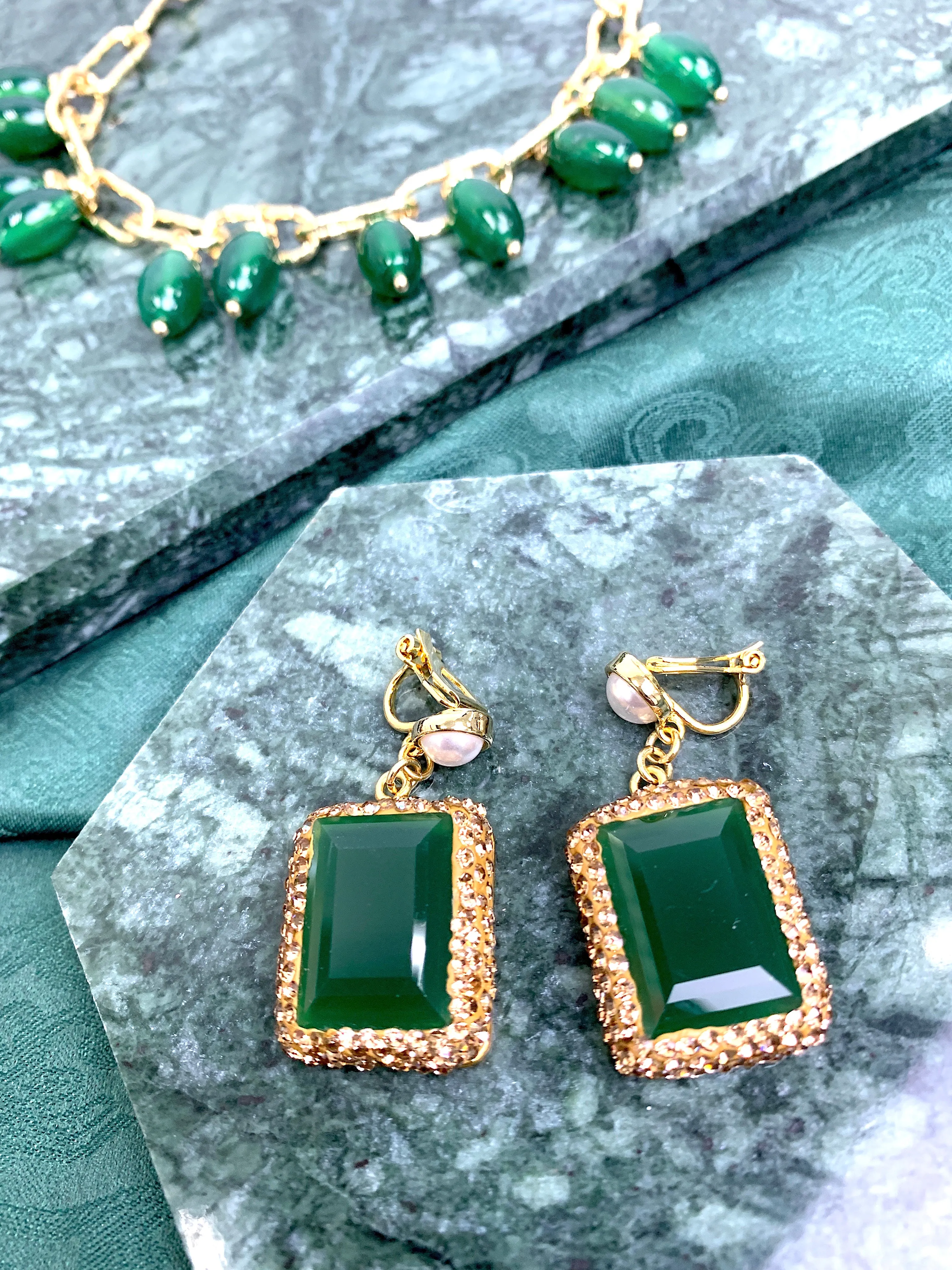 Rectangle Shaped Green Jade Rhinestone Clip-on Earrings HE005