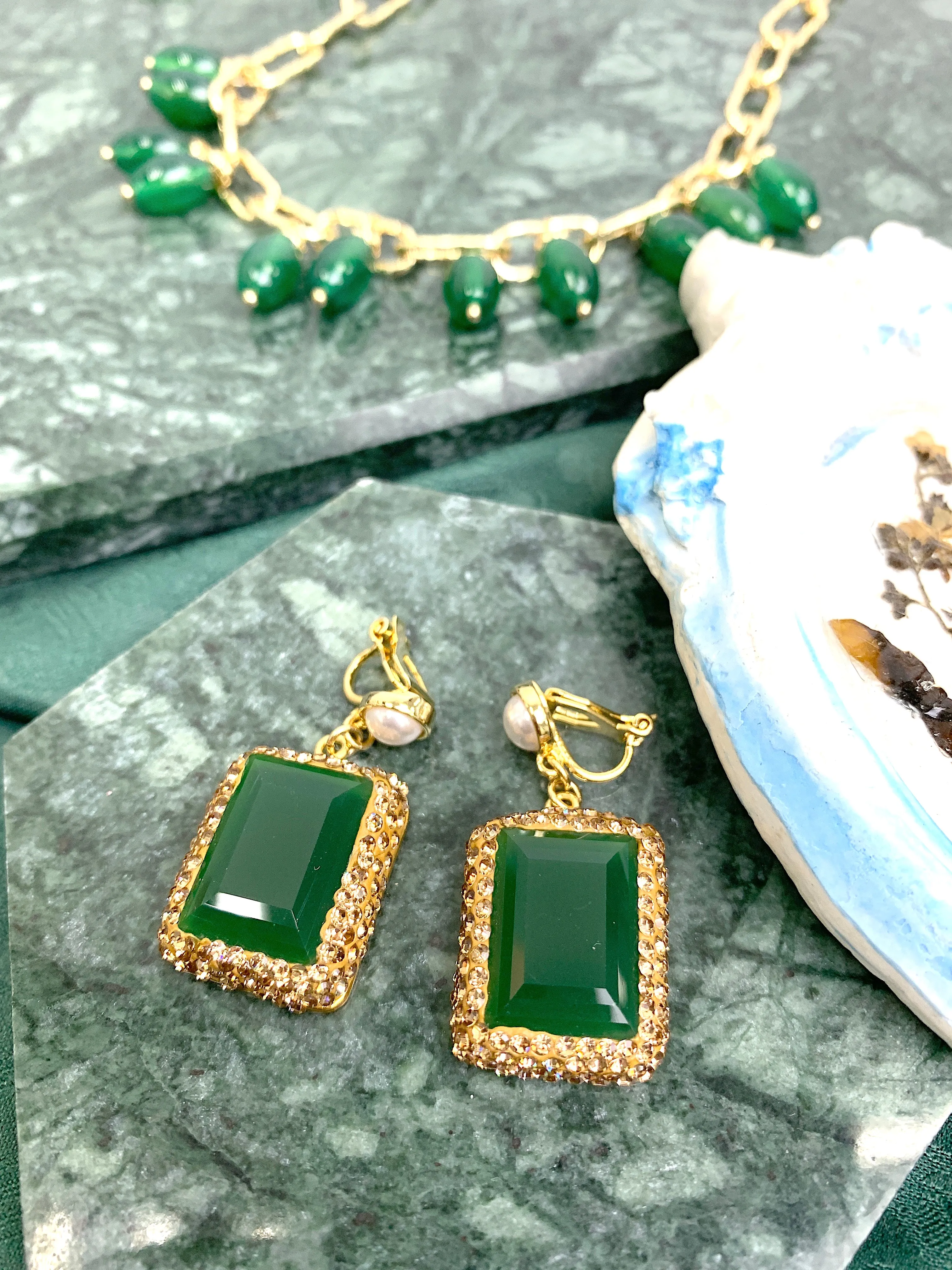 Rectangle Shaped Green Jade Rhinestone Clip-on Earrings HE005