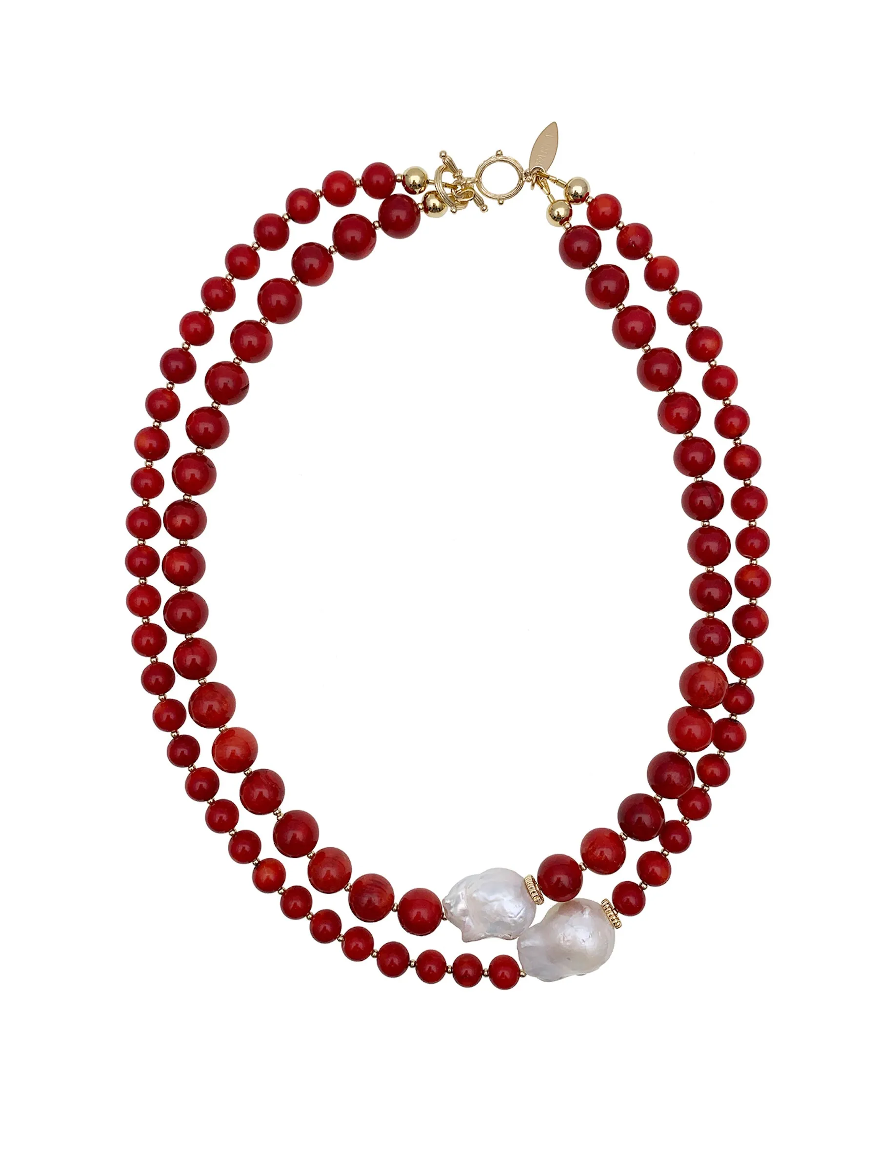 Red Coral With Baroque Pearls Double Strands Necklace EN036