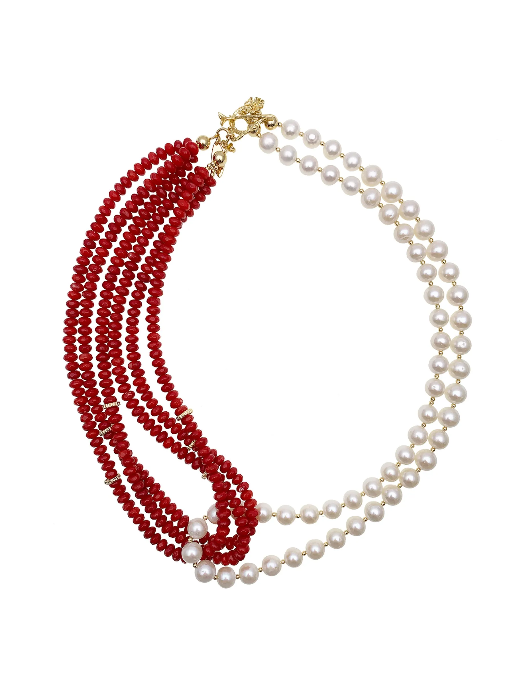 Red Corals With Freshwater Pearls Multi-Strands Necklace EN039