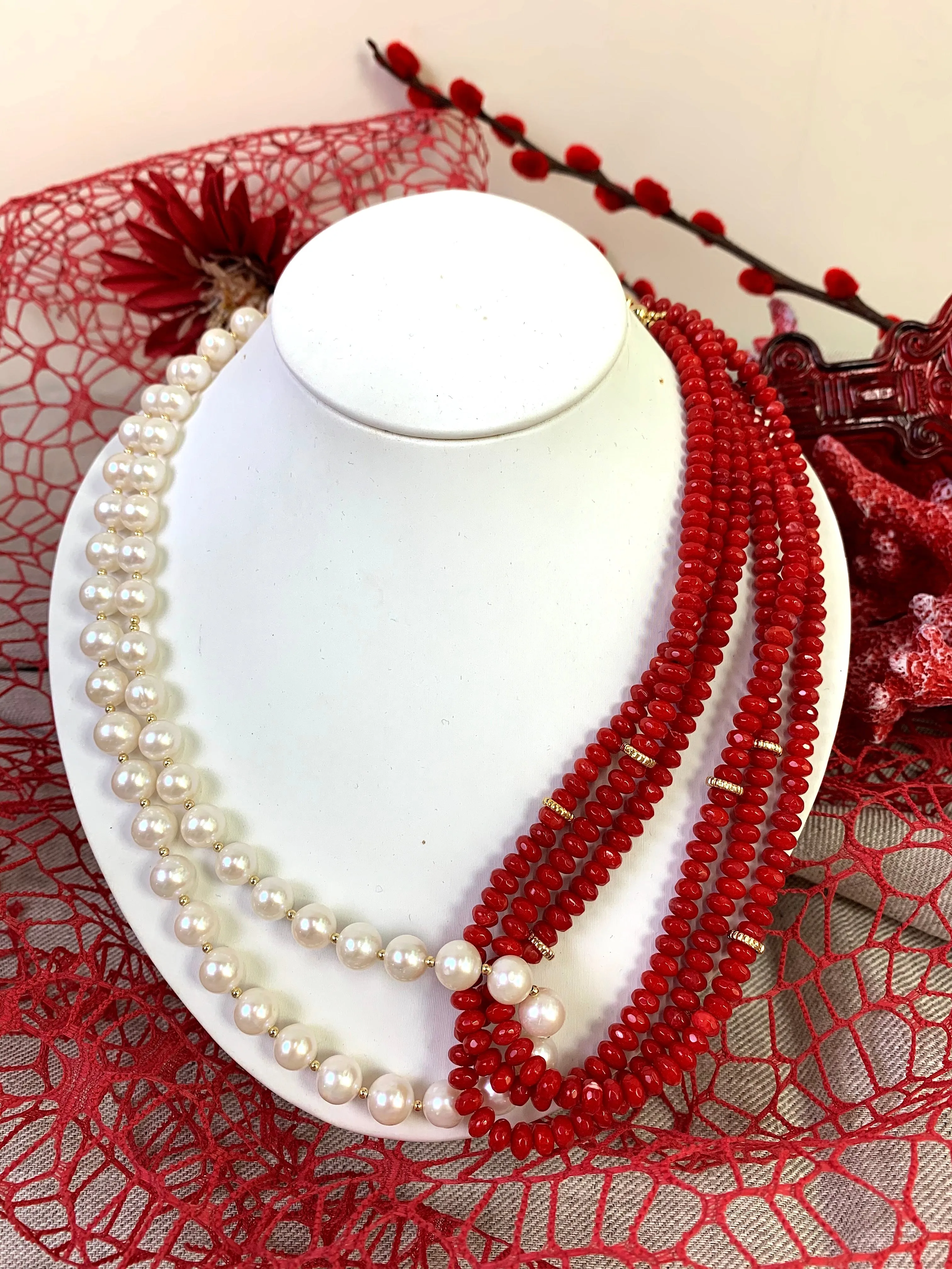 Red Corals With Freshwater Pearls Multi-Strands Necklace EN039