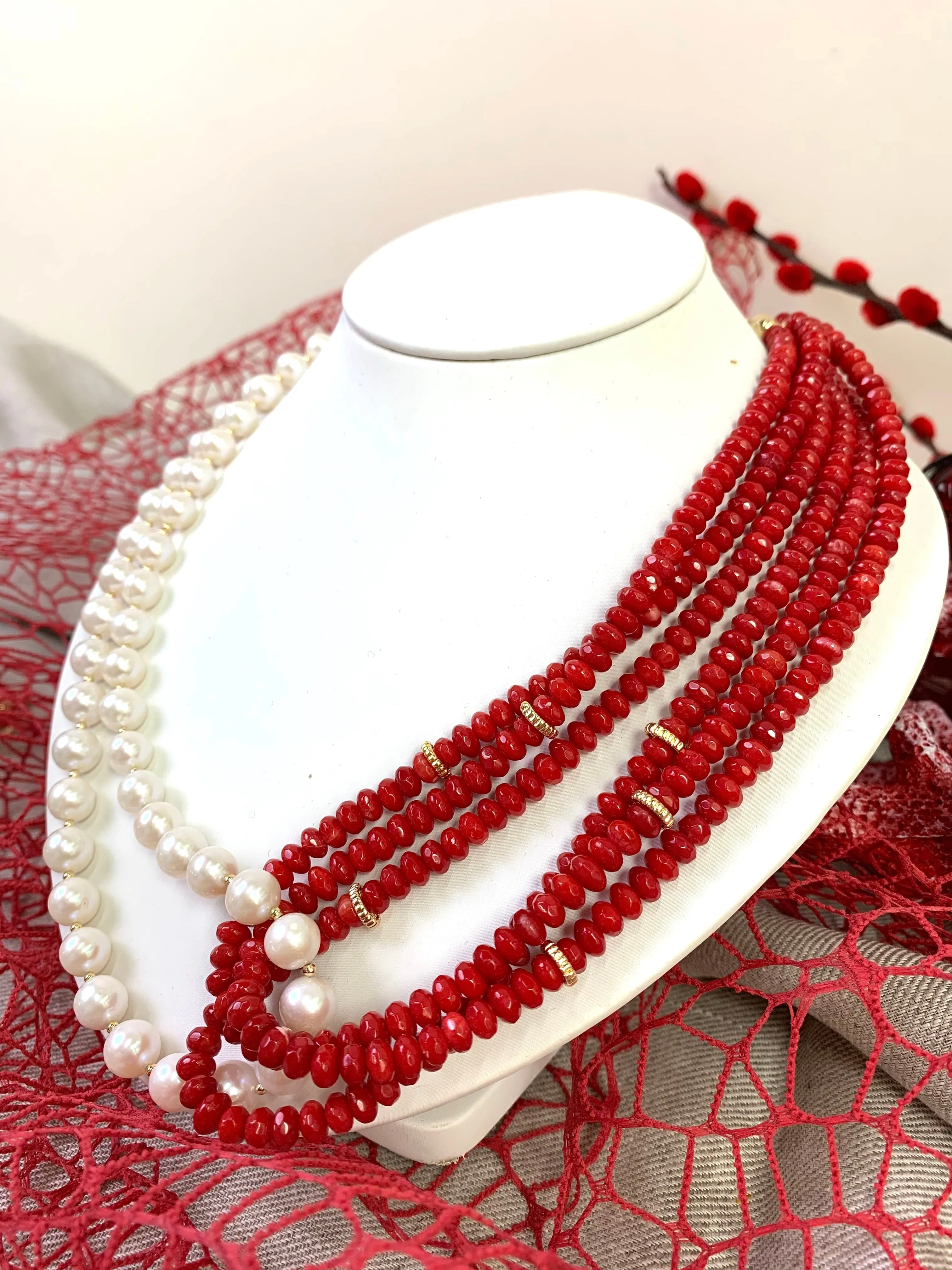 Red Corals With Freshwater Pearls Multi-Strands Necklace EN039