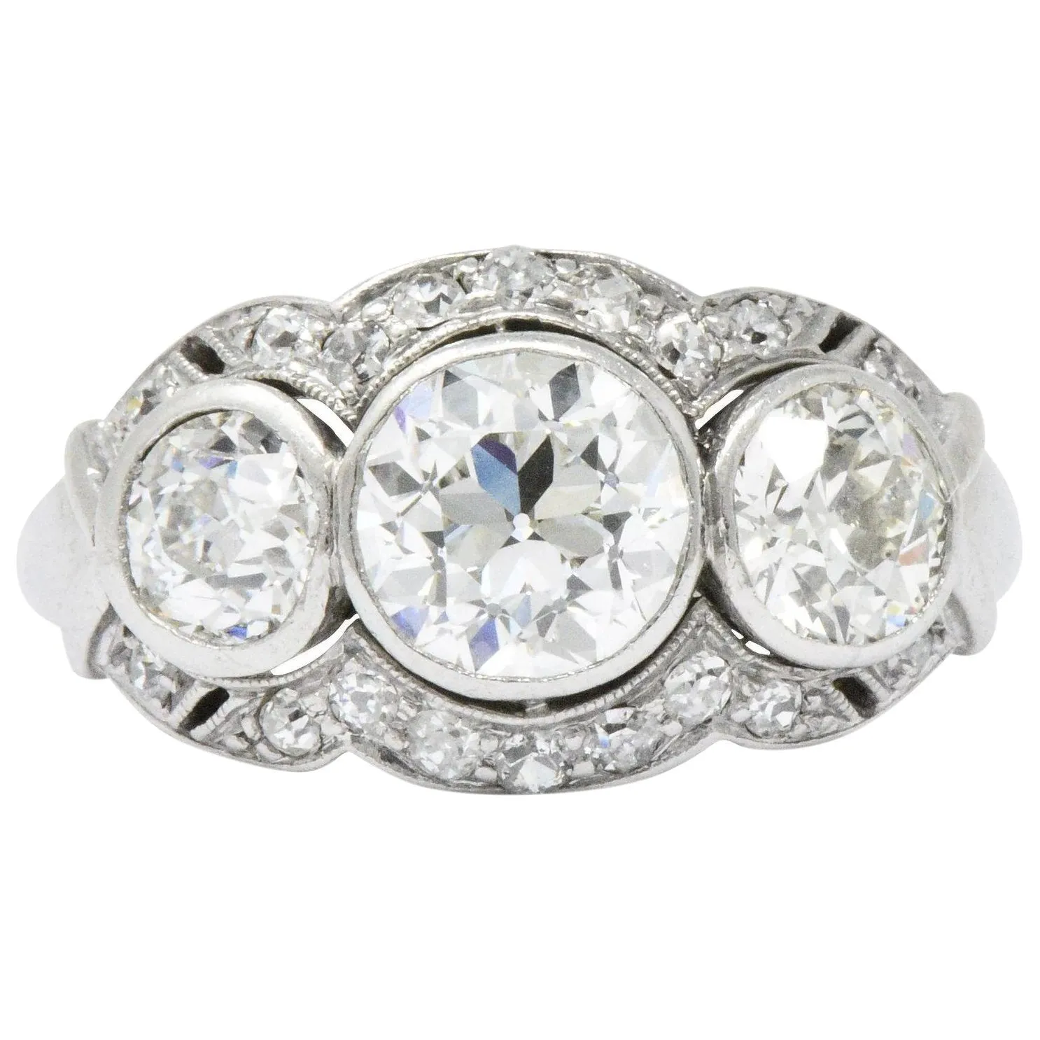 Retro 1940's Three Stone 2.60 CTW Diamond Palladium Ring