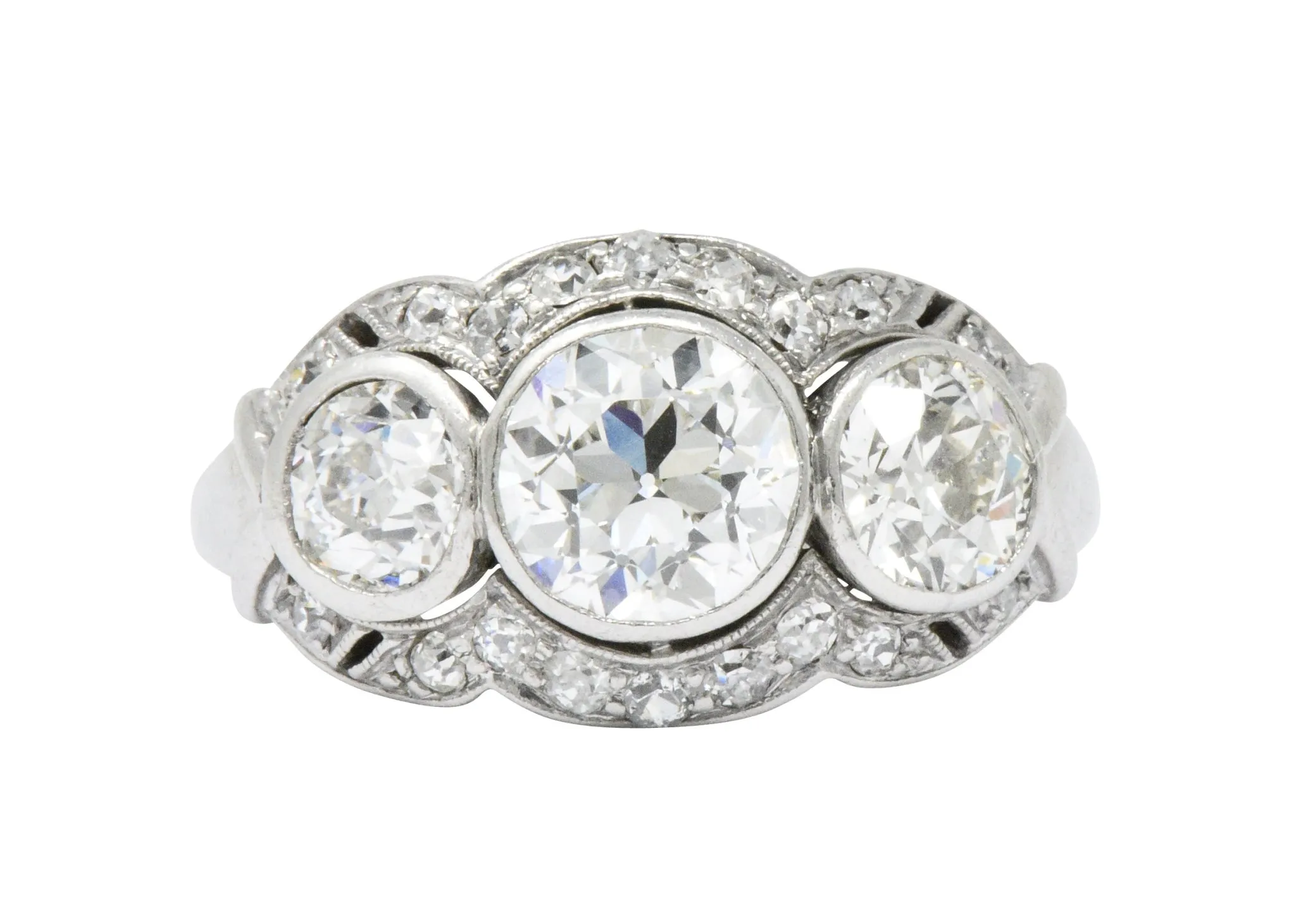 Retro 1940's Three Stone 2.60 CTW Diamond Palladium Ring