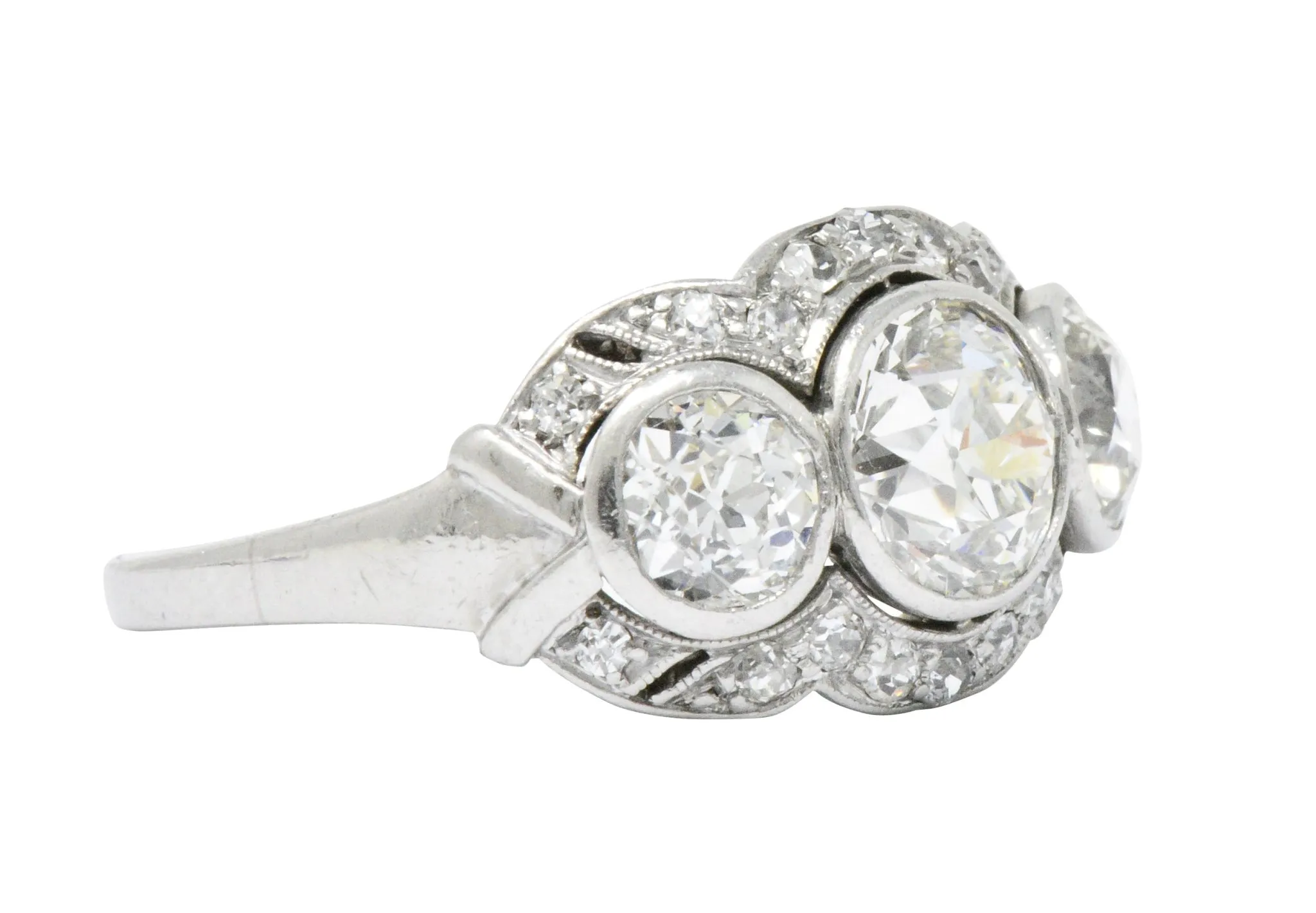 Retro 1940's Three Stone 2.60 CTW Diamond Palladium Ring